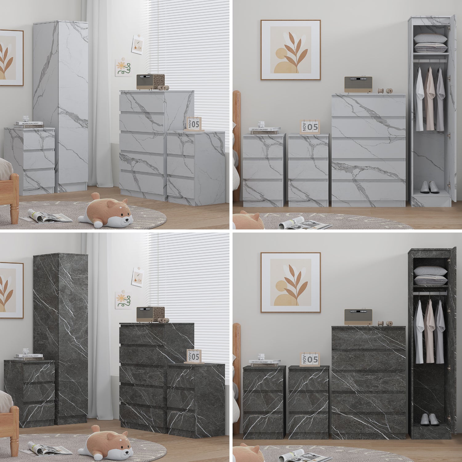 ZITA 4pc Set - 1 Door Wardrobe + Tall Chest + 2 Bedsides in White OR Grey Marble