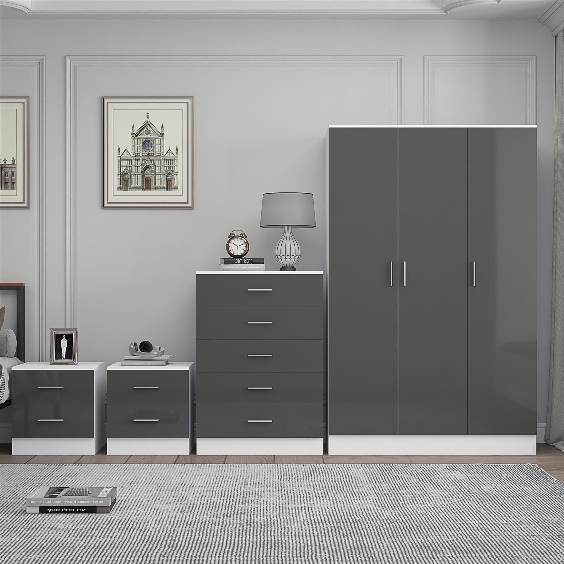 REFLECT Gloss 4pc Bedroom Set - 3 Door Wardrobe + 5 Draw Chest + 2 Bedsides