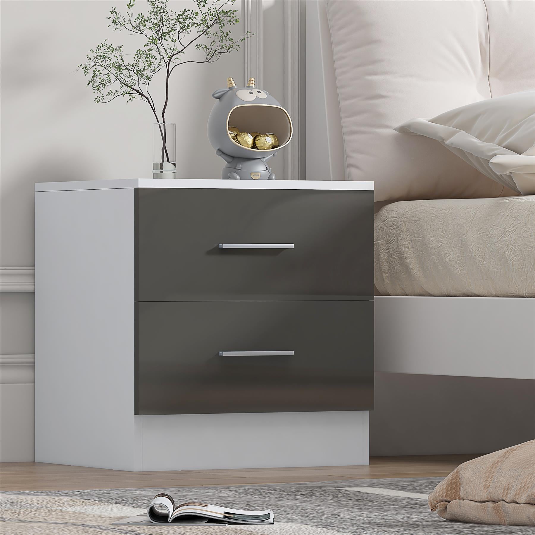 Reflect 2 Drawer Bedside - Grey Gloss & Matt White - Modern Nightstand for Bedroom Storage - H: 48.5cm x W: 45cm x D: 39.5cm