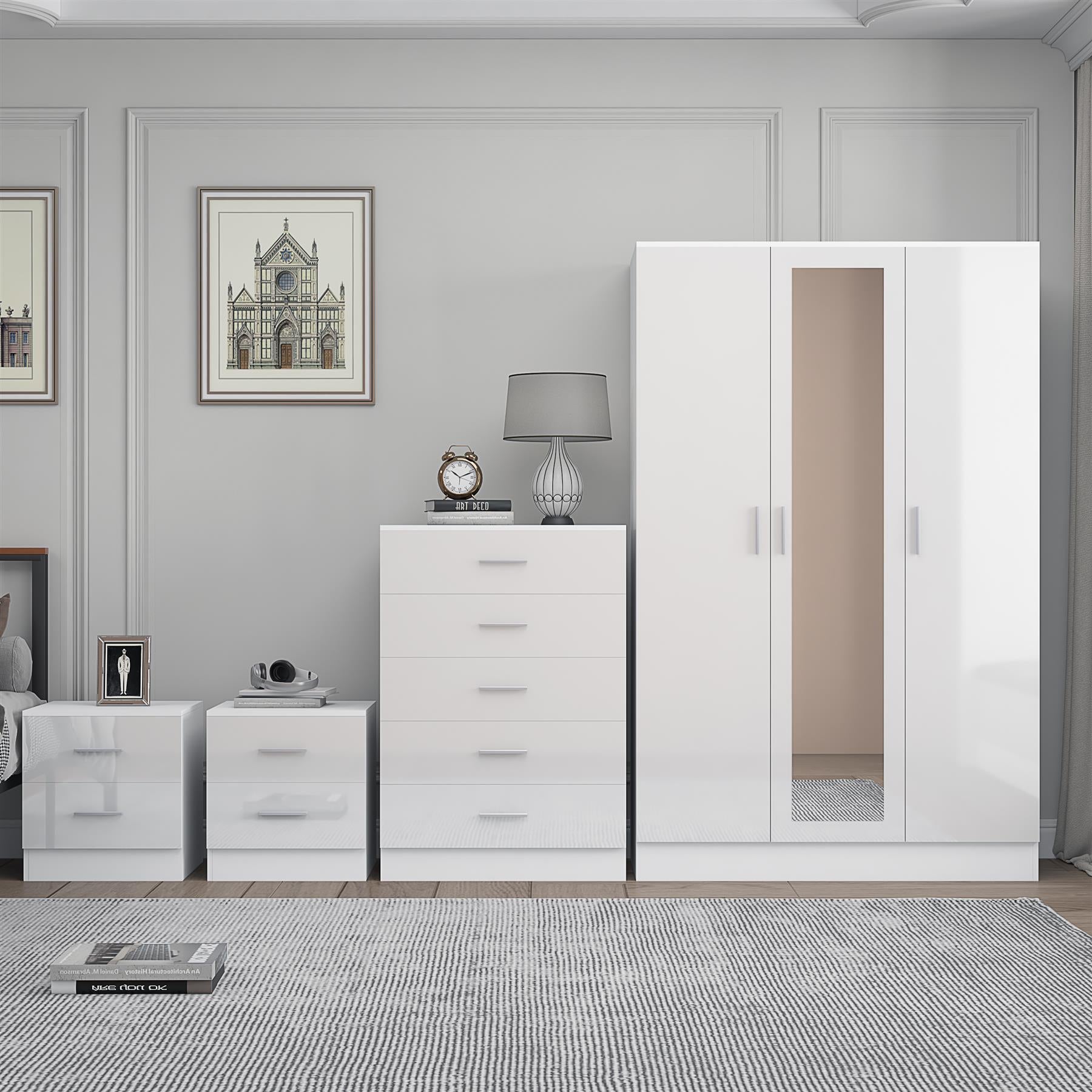 Reflect 3 Door Mirror Wardrobe, 5 Drawer Chest, 2x 2 Drawer Bedsides - White Gloss & Matt White - Modern Bedroom Furniture Set