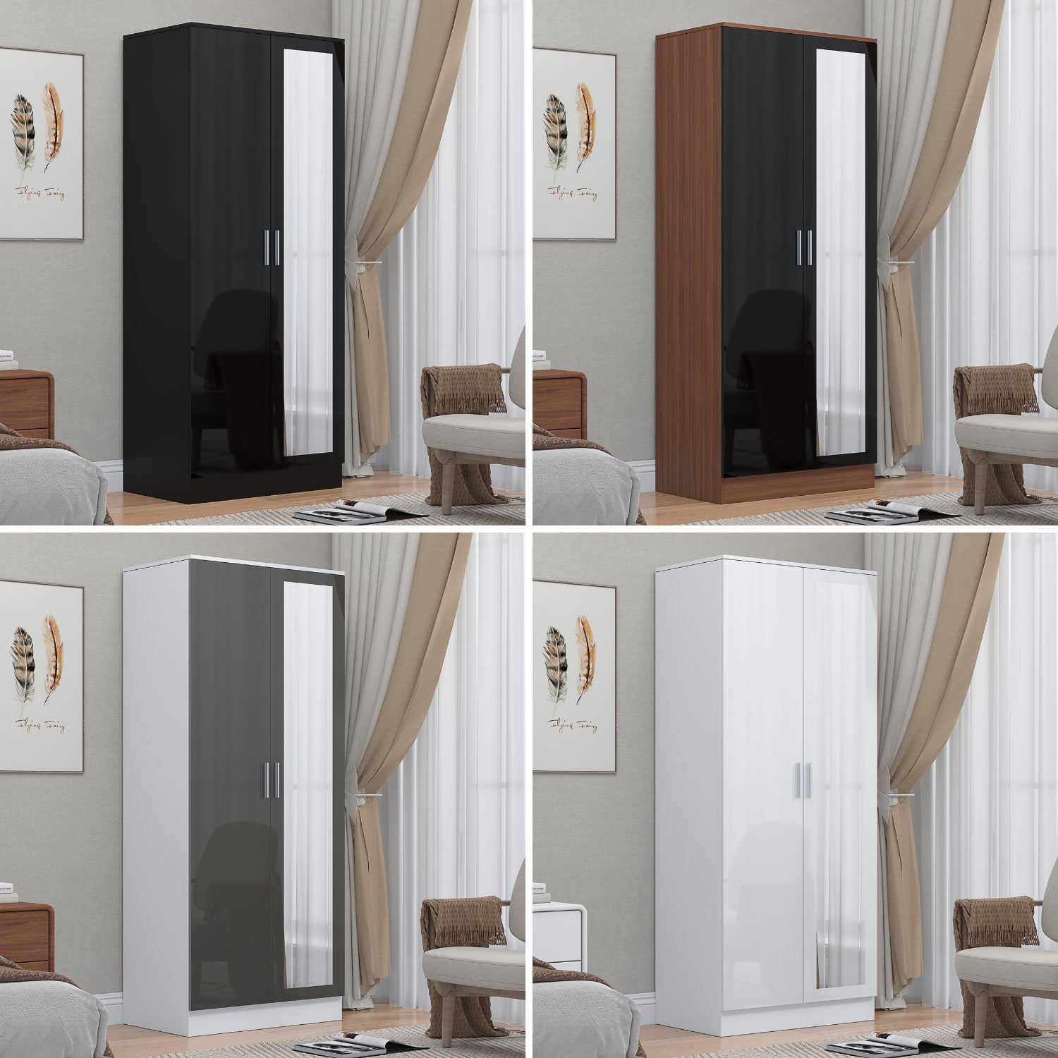 REFLECT Gloss Bedroom Furniture 2 Door Mirrored Wardrobe - 4 Colour Options