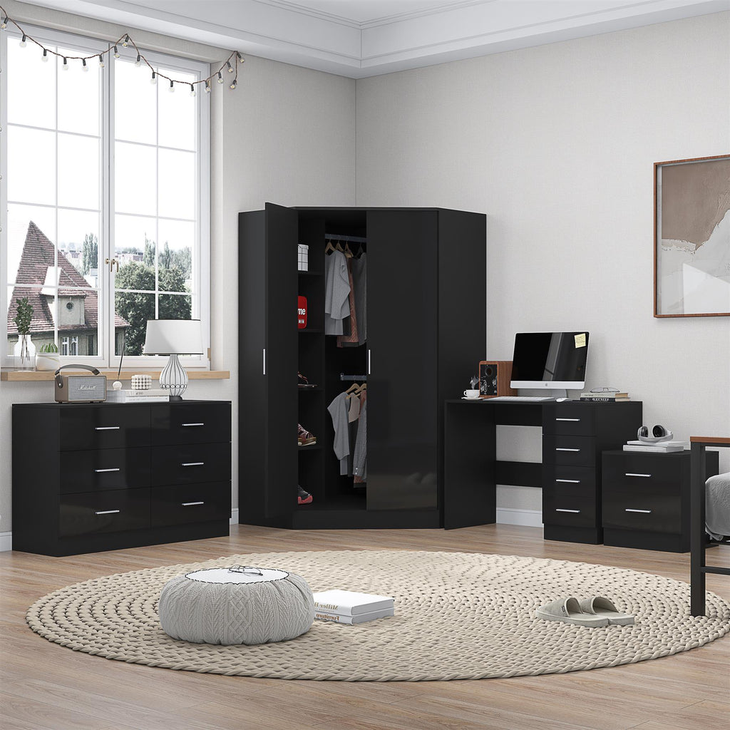 REFLECT - 2 Door CORNER + 6 Drawer Chest + 2 Drawer Bedside + 4 Drawer Desk - Gloss Black / Matt Black