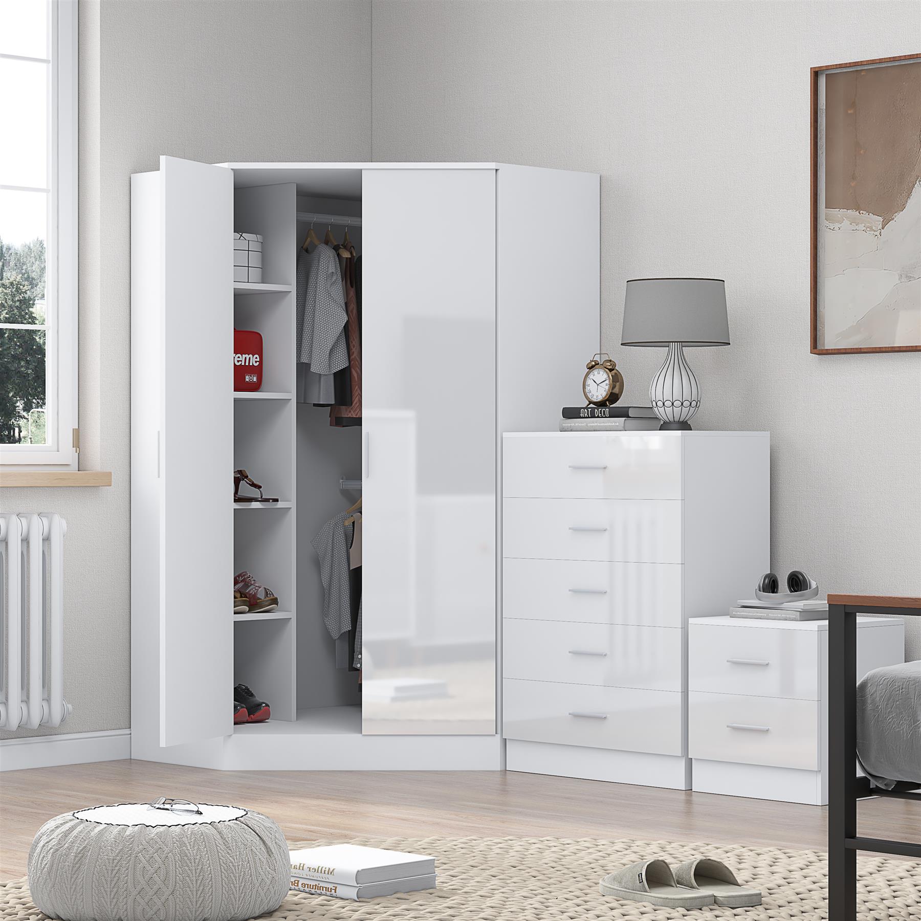REFLECT Gloss 4pc Set - 2 Door Corner Wardrobe + 5 Draw Chest + Bedside