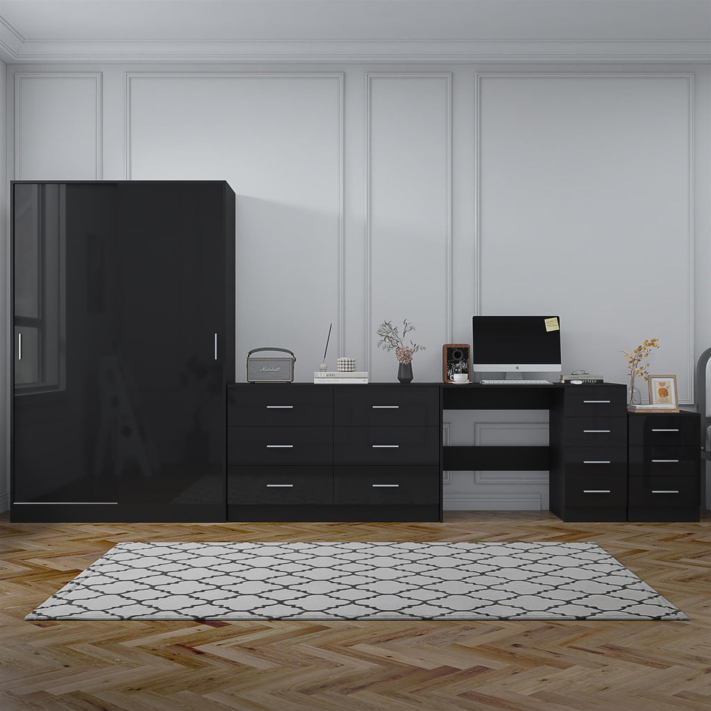 Reflect 2 Door Sliding Wardrobe, 6 Drawer Wide Chest, 3 Drawer Bedside, 4 Drawer Desk - Black Gloss & Black Oak - Modern Bedroom Furniture Set.