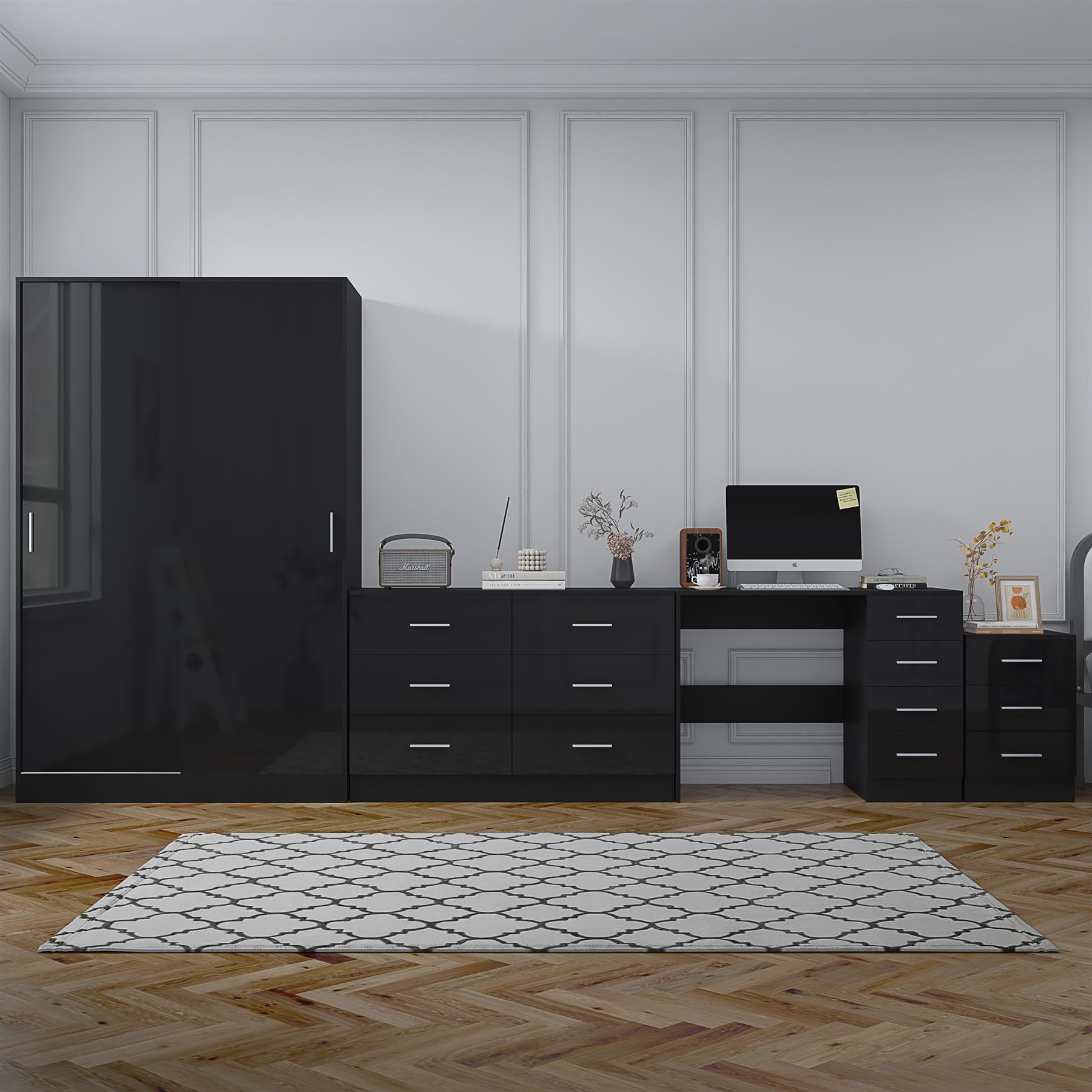 REFLECT Gloss 4pc Set - 2 Door Sliding Wardrobe + Wide Chest + Bedside + Desk