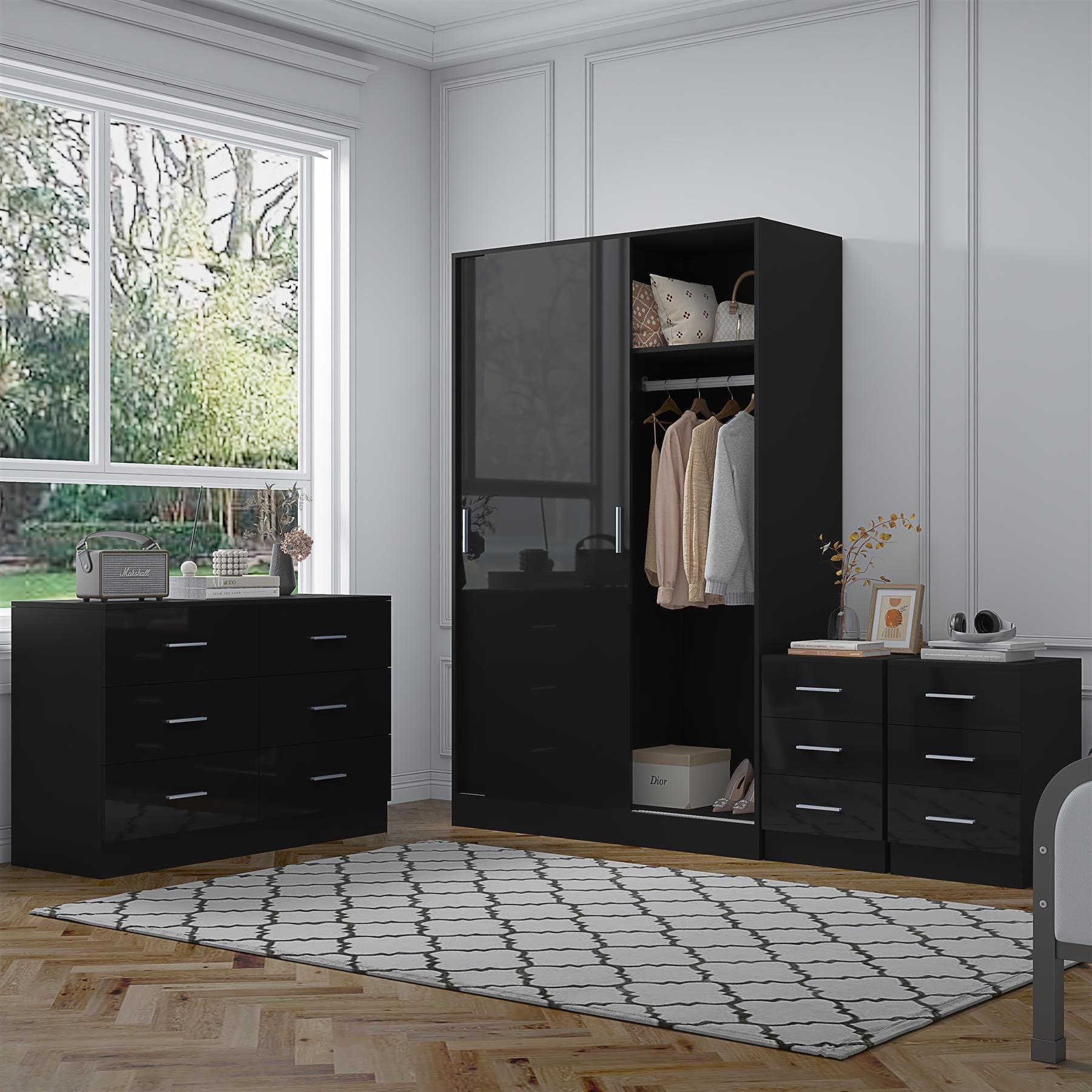 Reflect 2 Door Sliding Wardrobe, 6 Drawer Wide Chest, 2x3 Drawer Bedsides - Black Gloss & Black Oak - Modern Bedroom Furniture Set