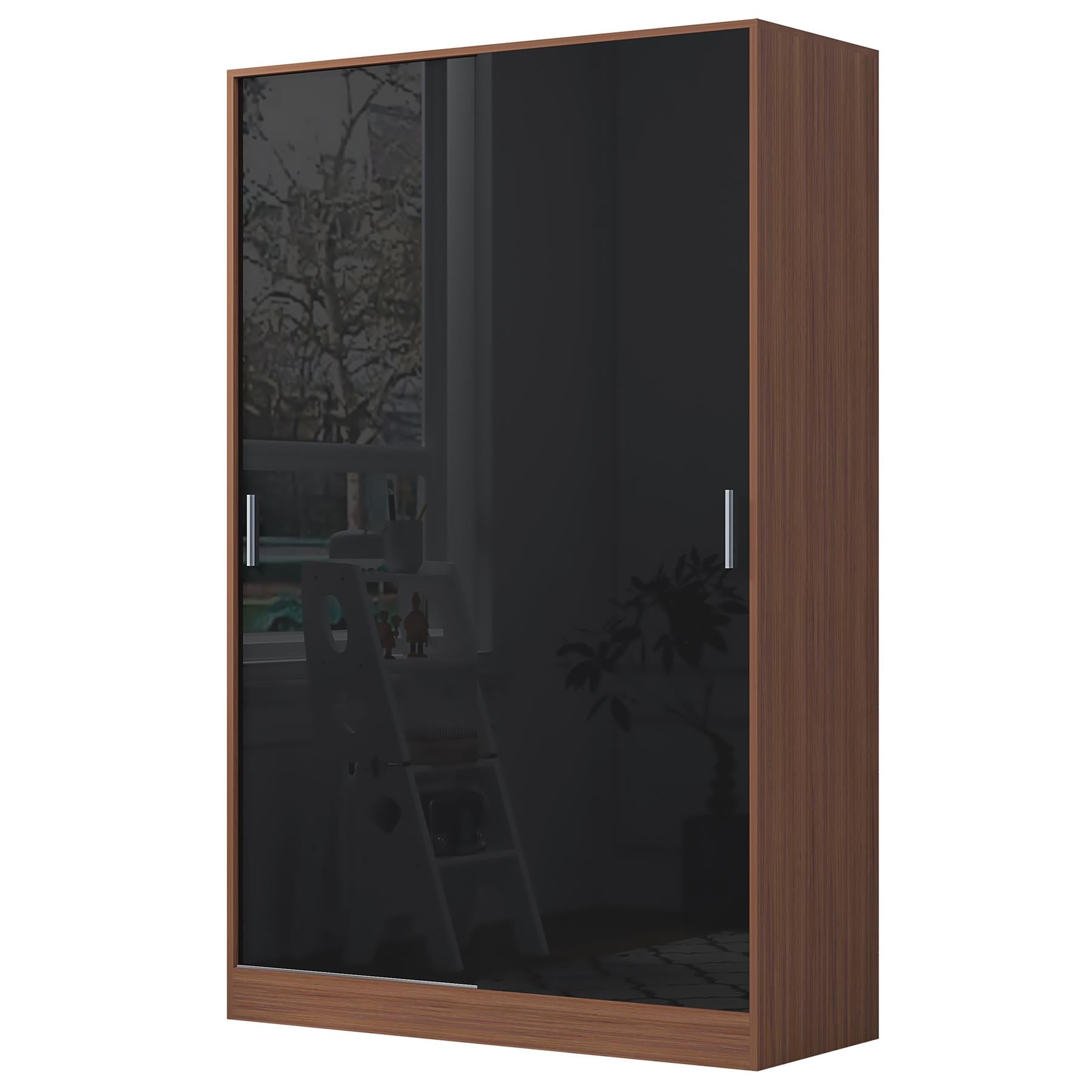 Reflect 2 Door Sliding Wardrobe - Black Gloss & Walnut - Hanging Rails & Shelves - Modern Design