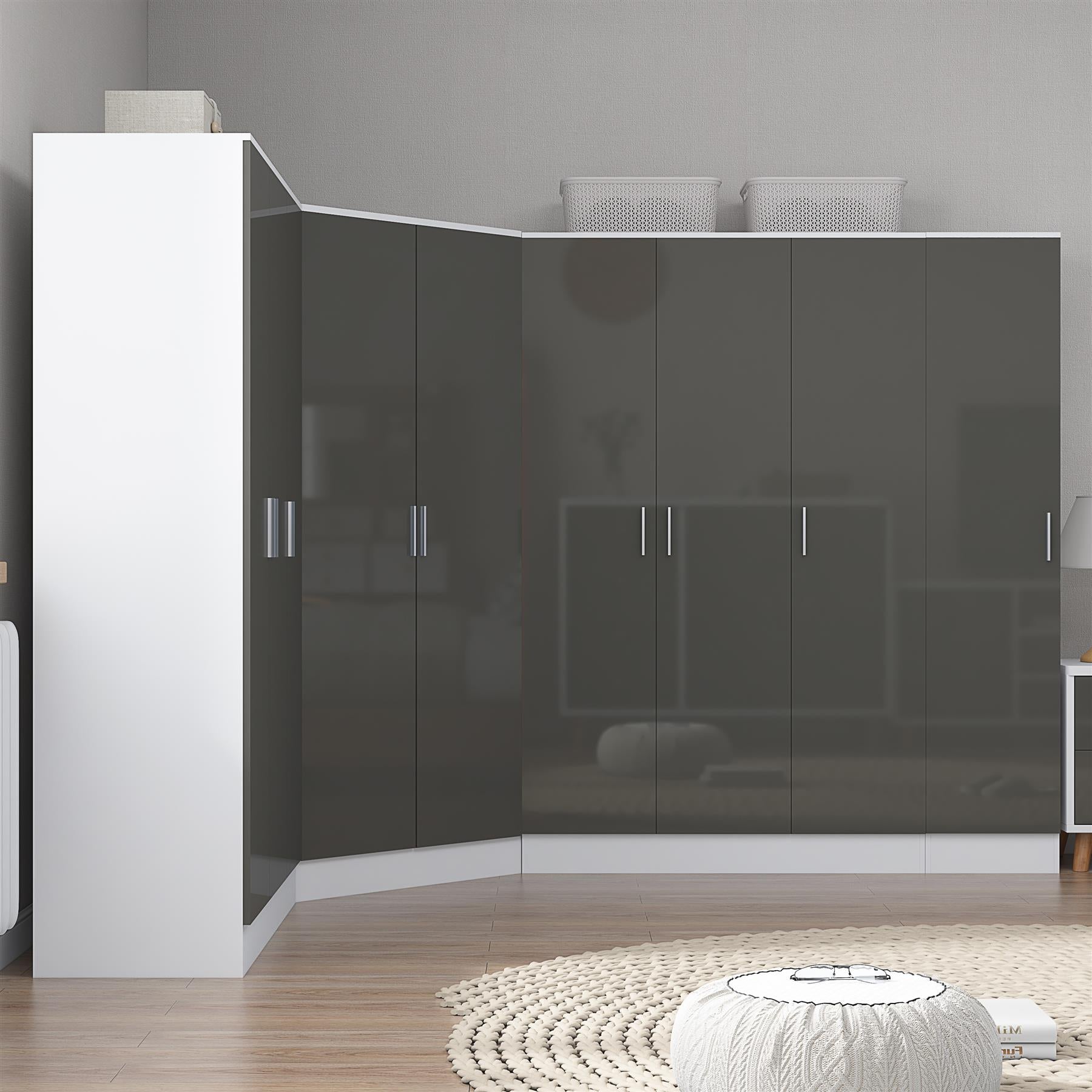 Reflect 4pc Wardrobe Bundle - 2 Door Corner + 2x 3 Door Plain + 1 Door Plain - Grey Gloss & Matt White