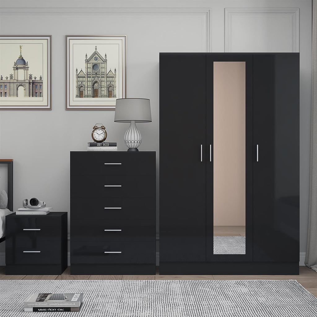 REFLECT Gloss 3pc Set - 3 Door Mirrored Wardrobe + 5 Draw Chest + Bedside