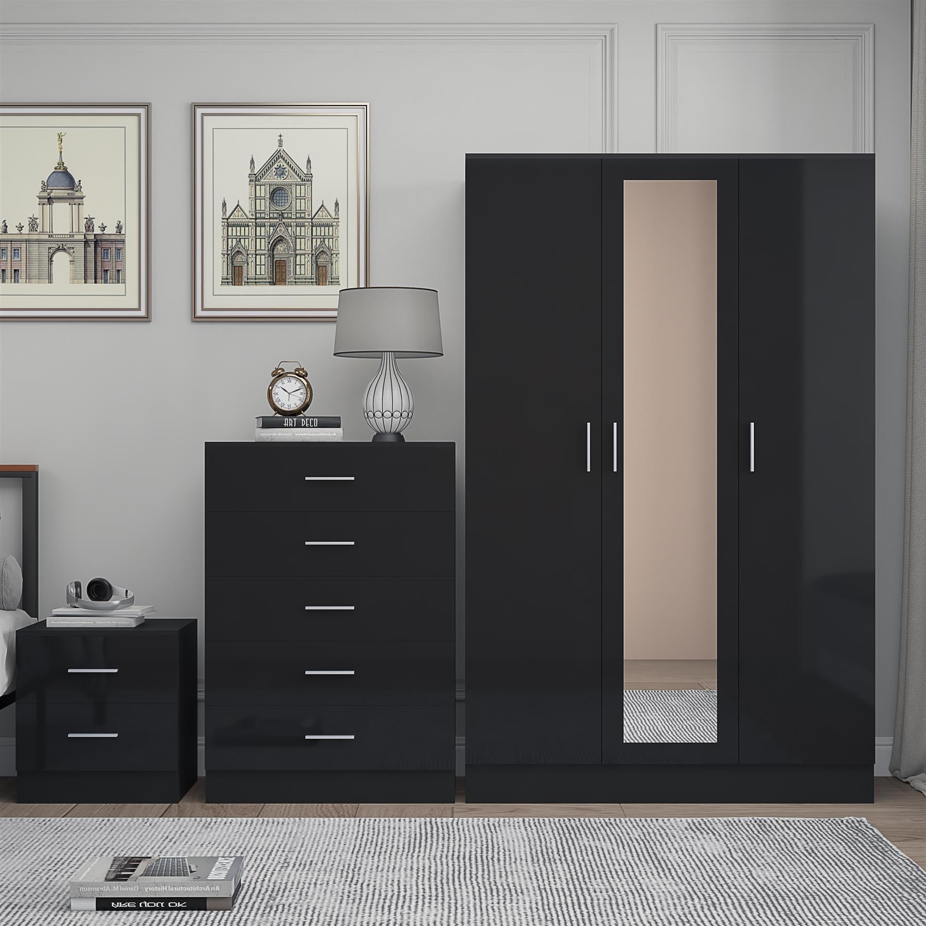 REFLECT Gloss 3pc Set - 3 Door Mirrored Wardrobe + 5 Draw Chest + Bedside