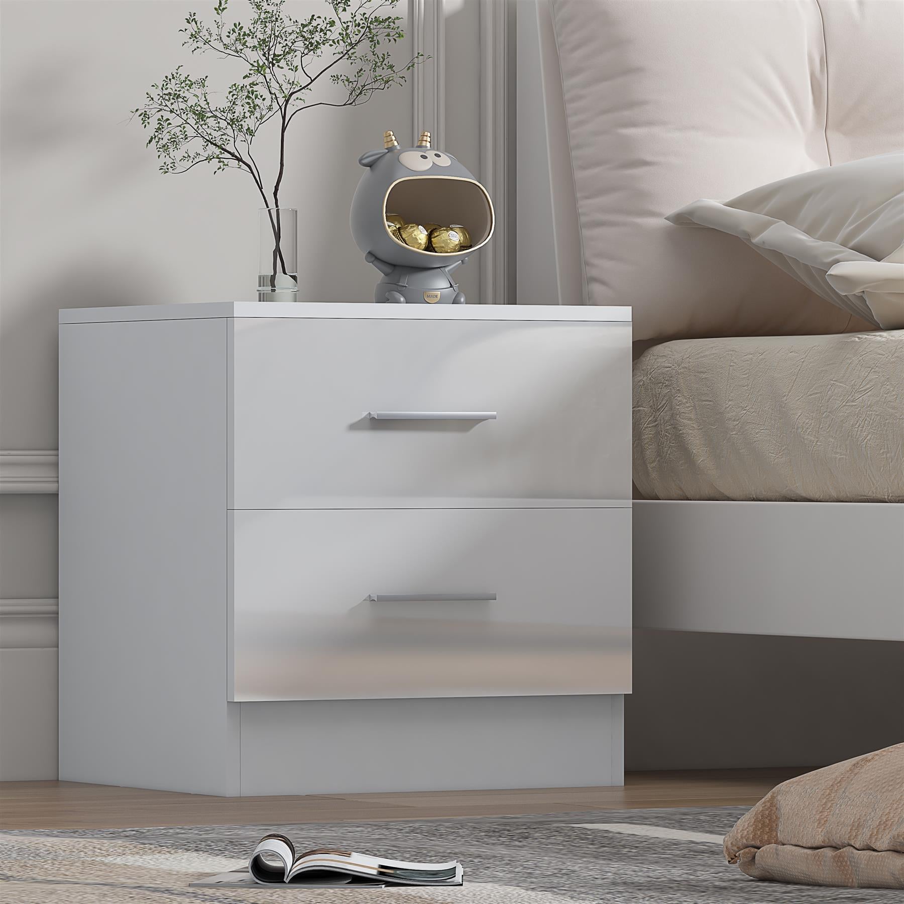Reflect 2 Drawer Bedside - White Gloss & Matt White - Modern Nightstand for Bedroom Storage - H: 48.5cm x W: 45cm x D: 39.5cm