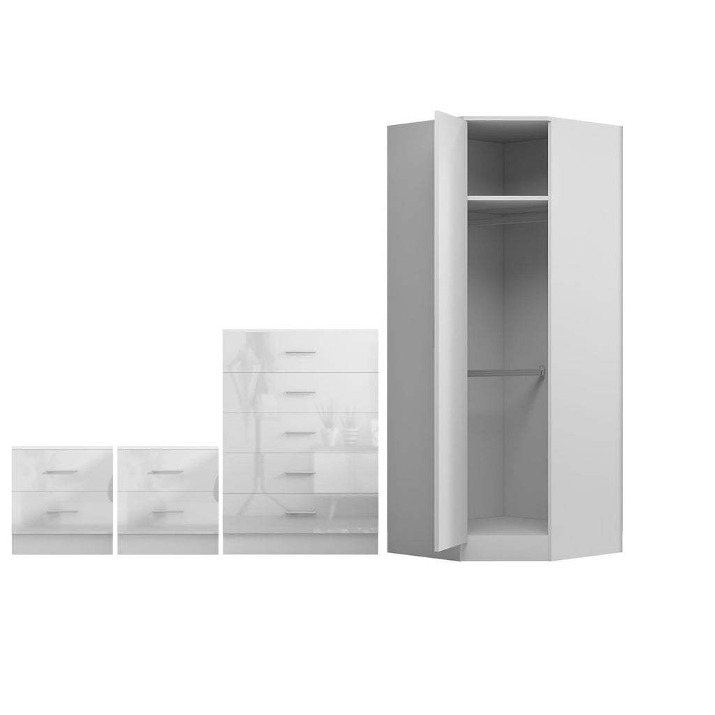 REFLECT - 1 Door Corner + 5 Drawer Chest + 2x 2 Drawer Bedside in Gloss White / Matt White