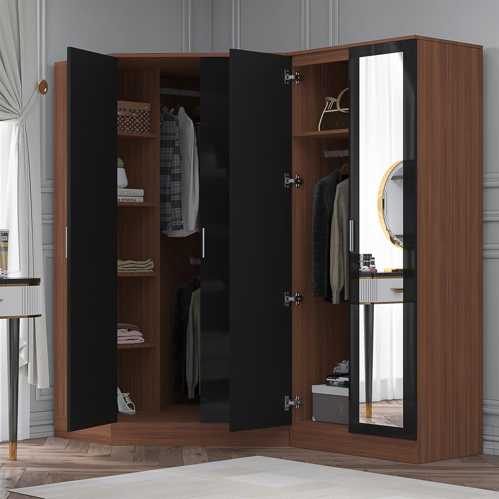 Reflect 2pc Wardrobe Bundle - 2 Door Corner + 2 Door Mirror - Black Gloss & Walnut - H: 180cm x W: 179cm x D: 103cm