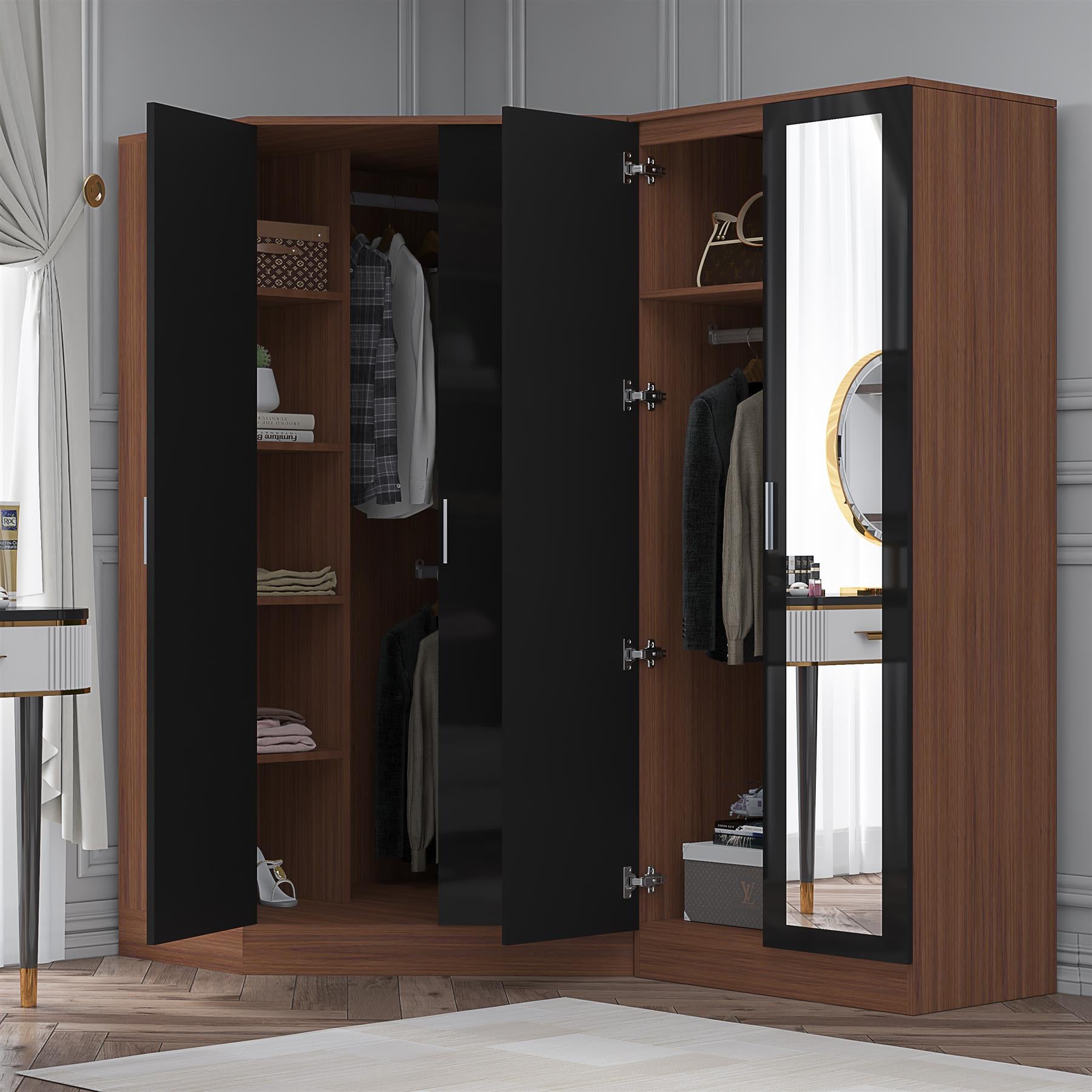 Reflect 2pc Wardrobe Bundle - 2 Door Corner + 2 Door Mirror - Black Gloss & Walnut - H: 180cm x W: 179cm x D: 103cm