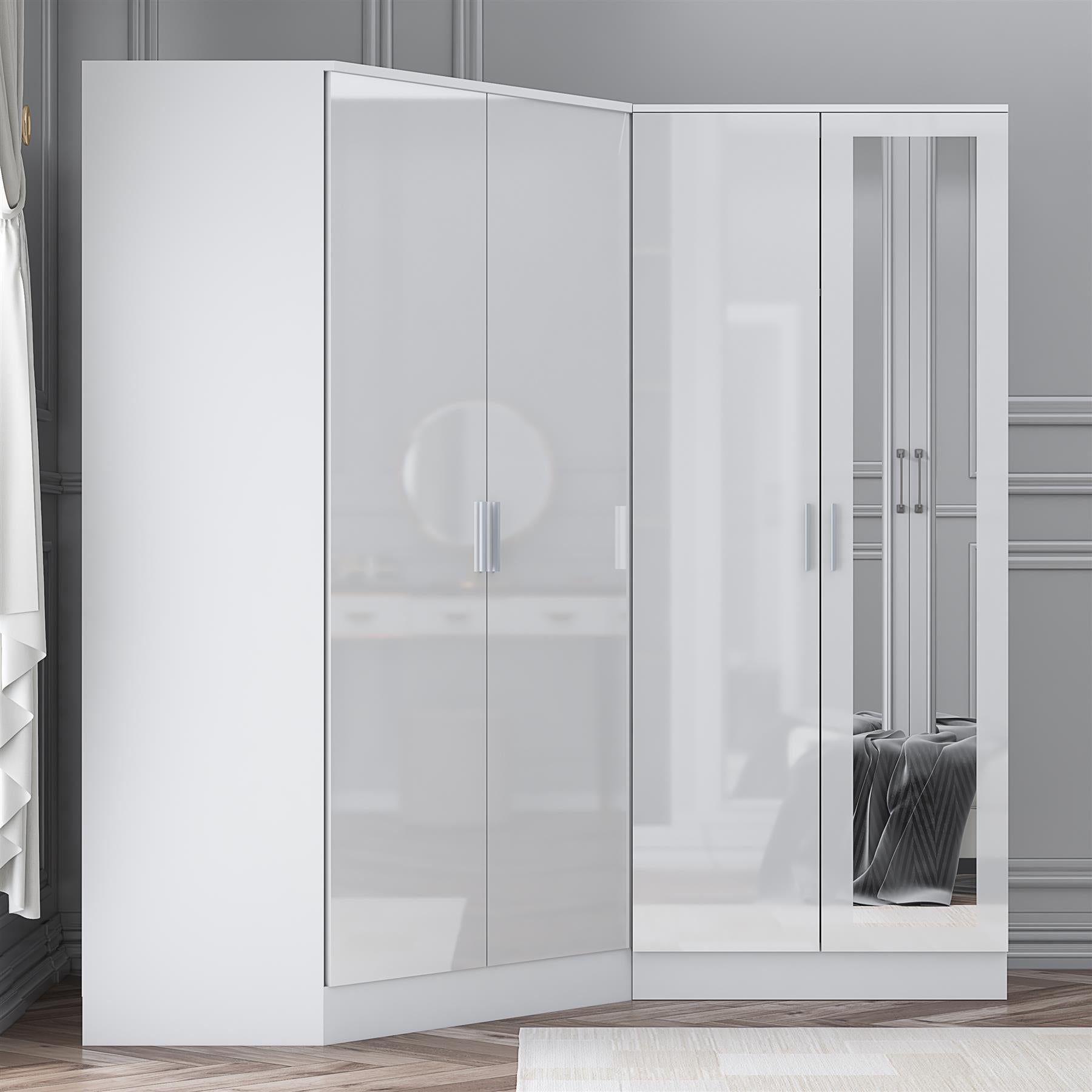 Reflect 2pc Wardrobe Bundle - 2 Door Corner + 2 Door Mirror - White Gloss & Matt White - H: 180cm x W: 179cm x D: 103cm
