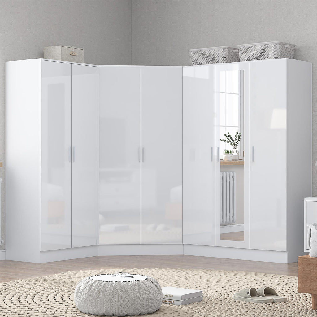 Reflect 3pc Wardrobe Bundle - 2 Door Corner + 3 Door Mirror + 2 Door Plain - White Gloss & Matt White