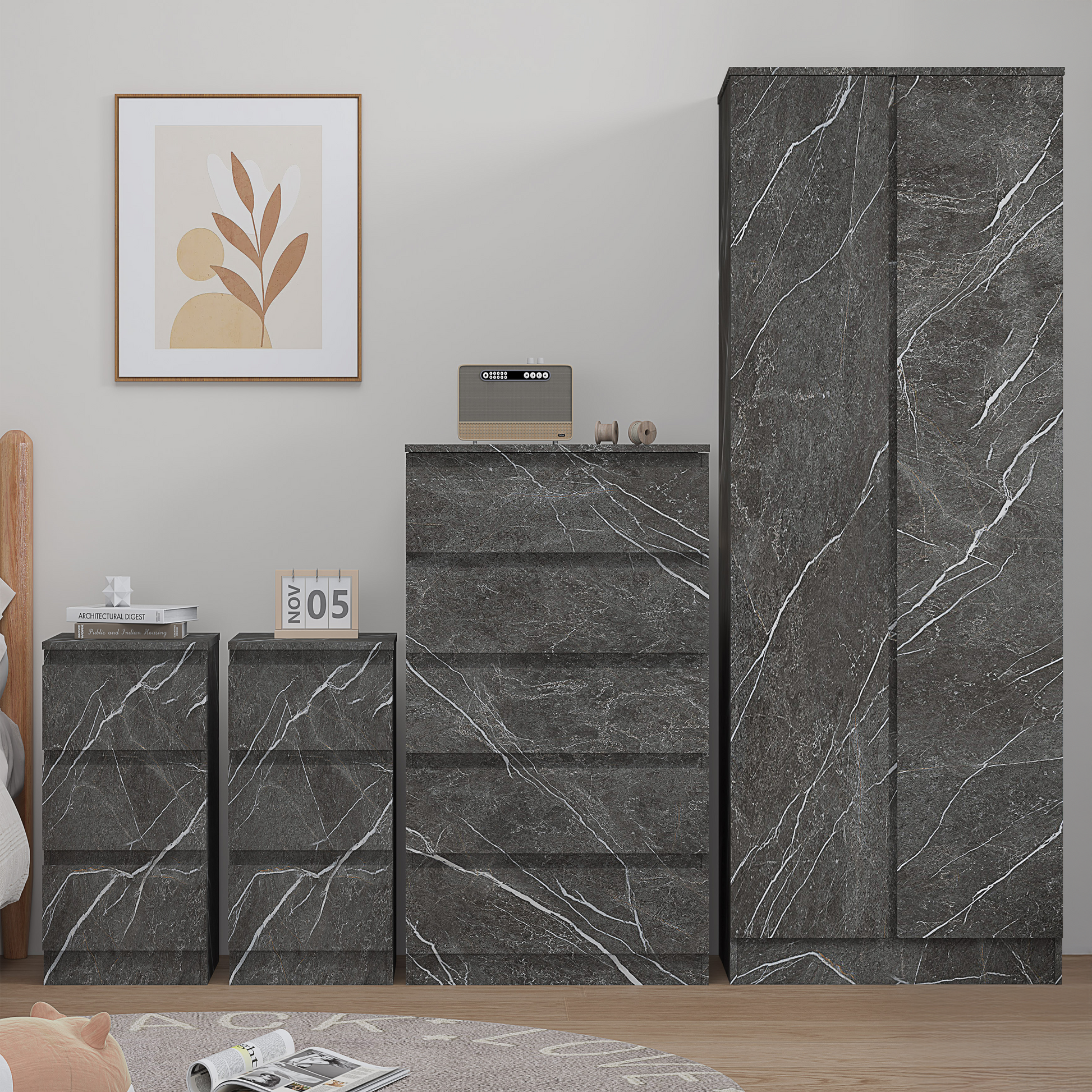 4 piece grey marble bedroom set 2 door 5 draw 2 bedsides
