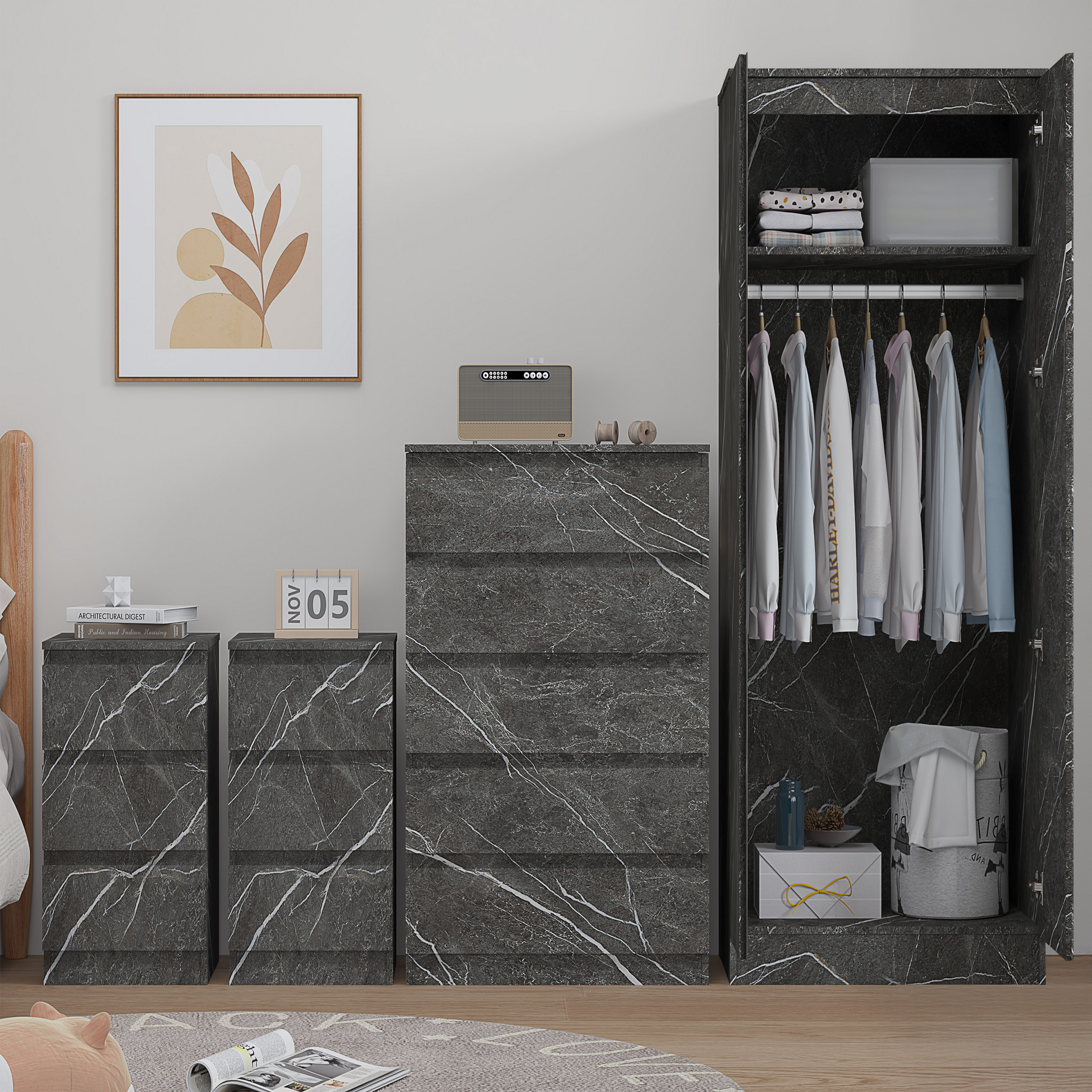 4 piece grey marble bedroom set 2 door 5 draw 2 bedsides