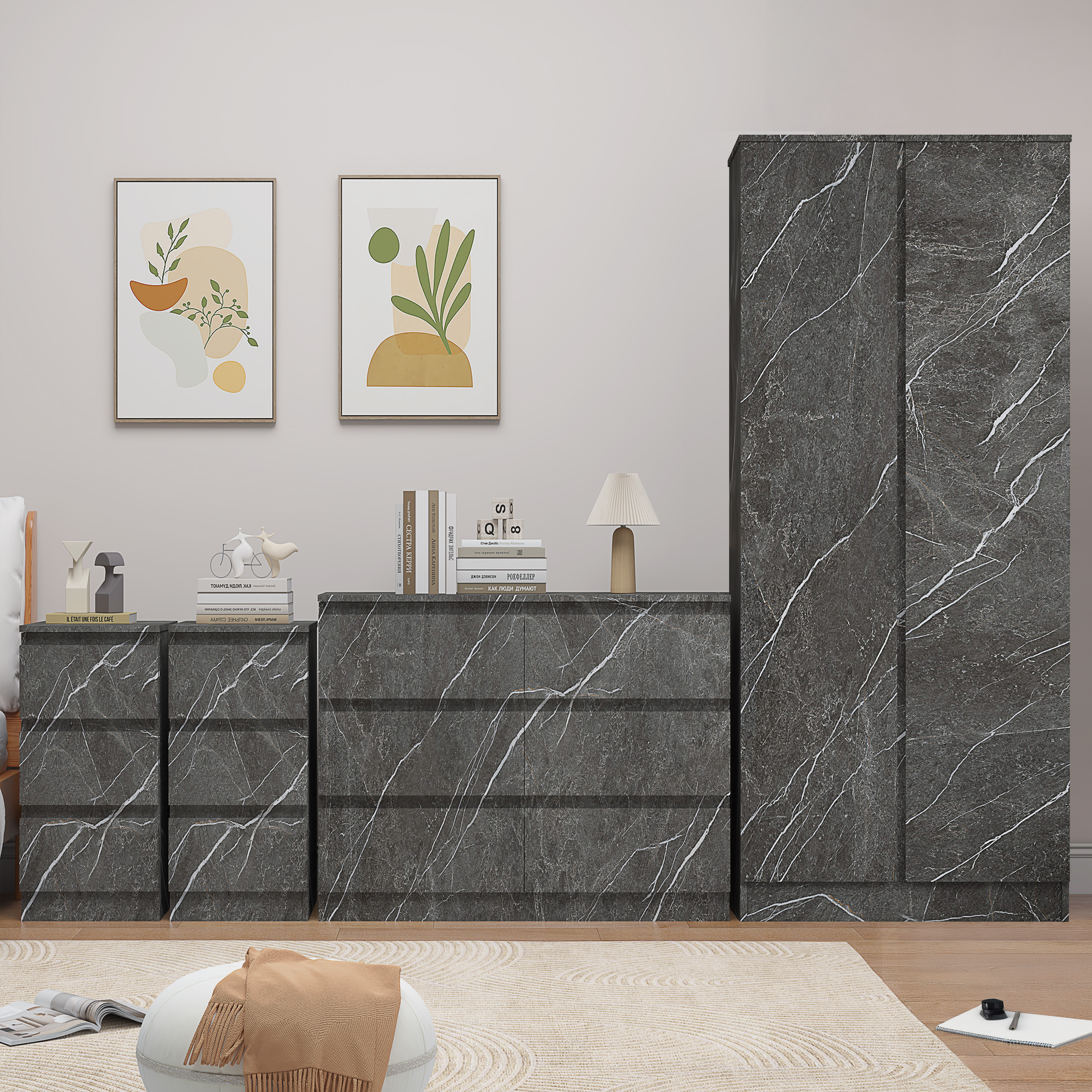 4 piece grey marble bedroom set 2 door 6 draw 2 bedsides