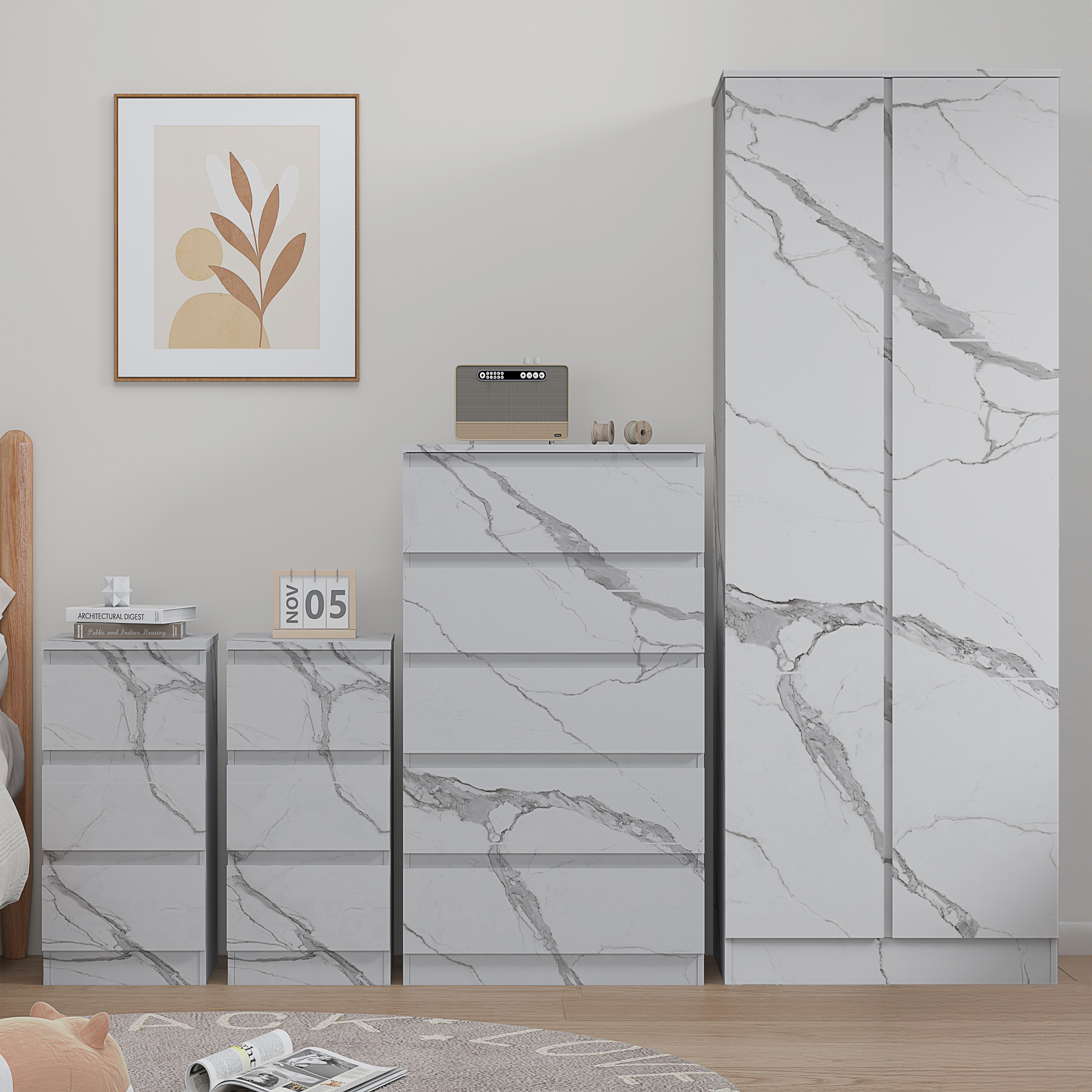 4 piece white marble bedroom set 2 door 5 draw 2 bedsides