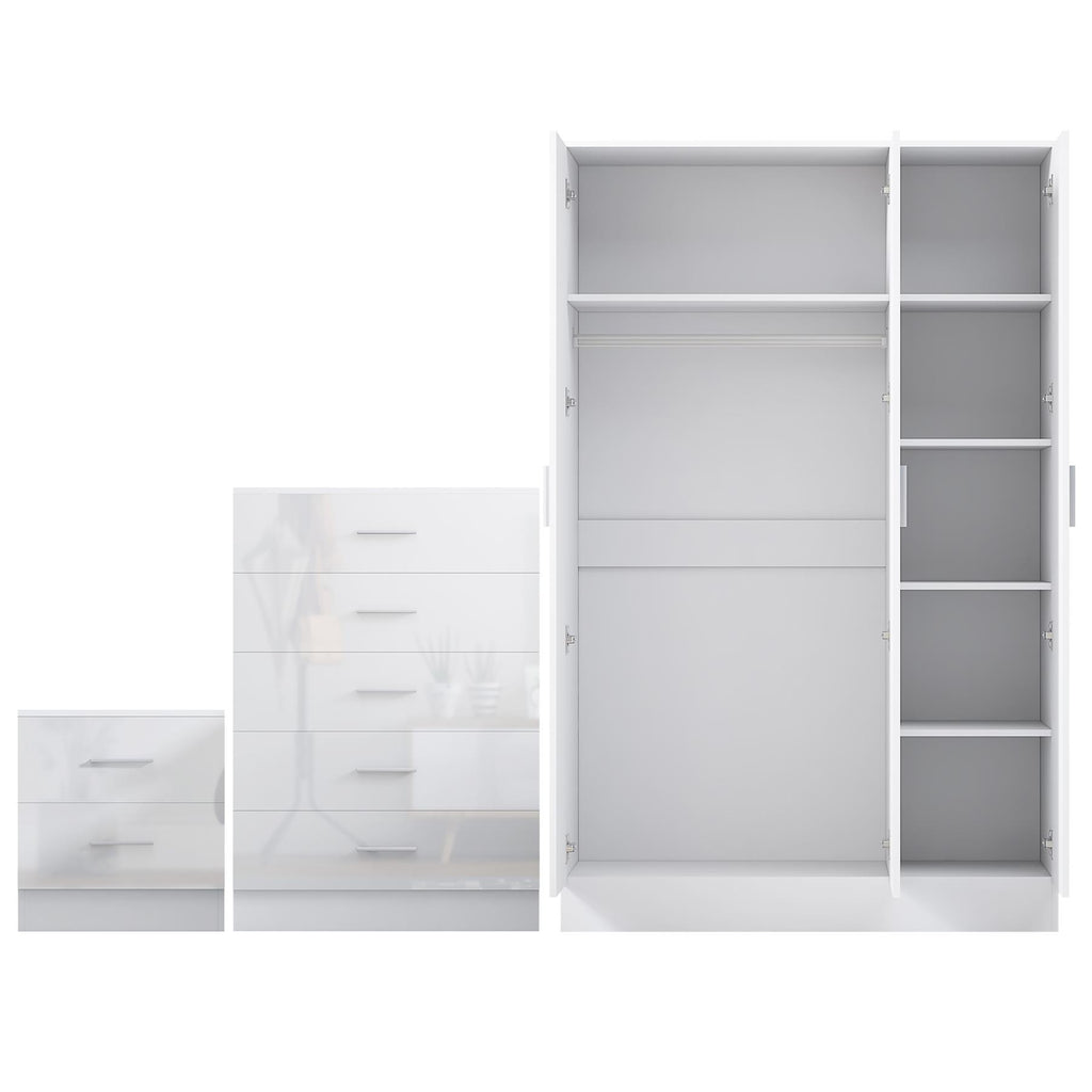 REFLECT Gloss 3pc Bedroom Set - 3 Door Wardrobe + 5 Draw Chest + Bedside