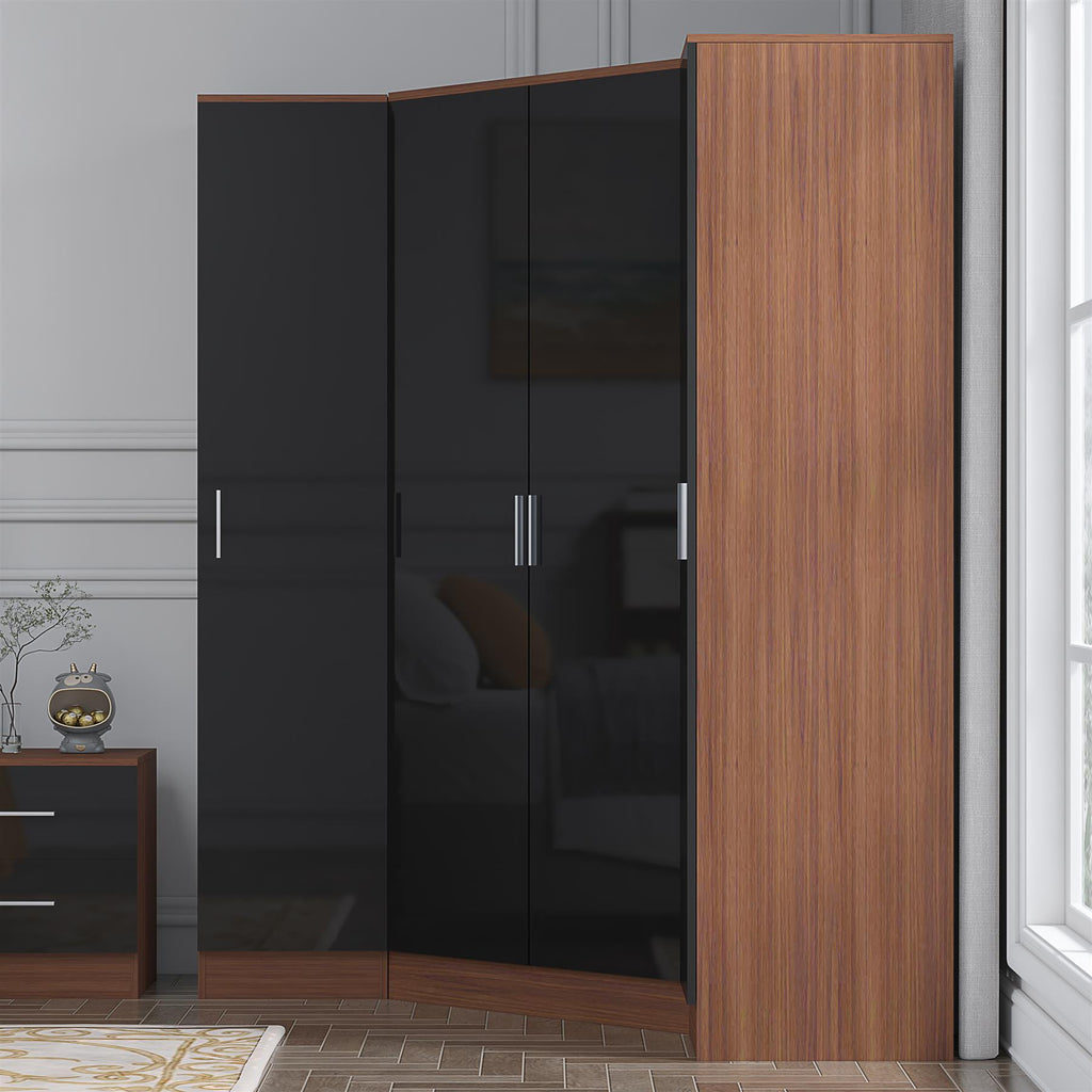 Reflect 3pc Wardrobe Bundle - 2 Door Corner + 2x 1 Door Plain - Black Gloss & Walnut