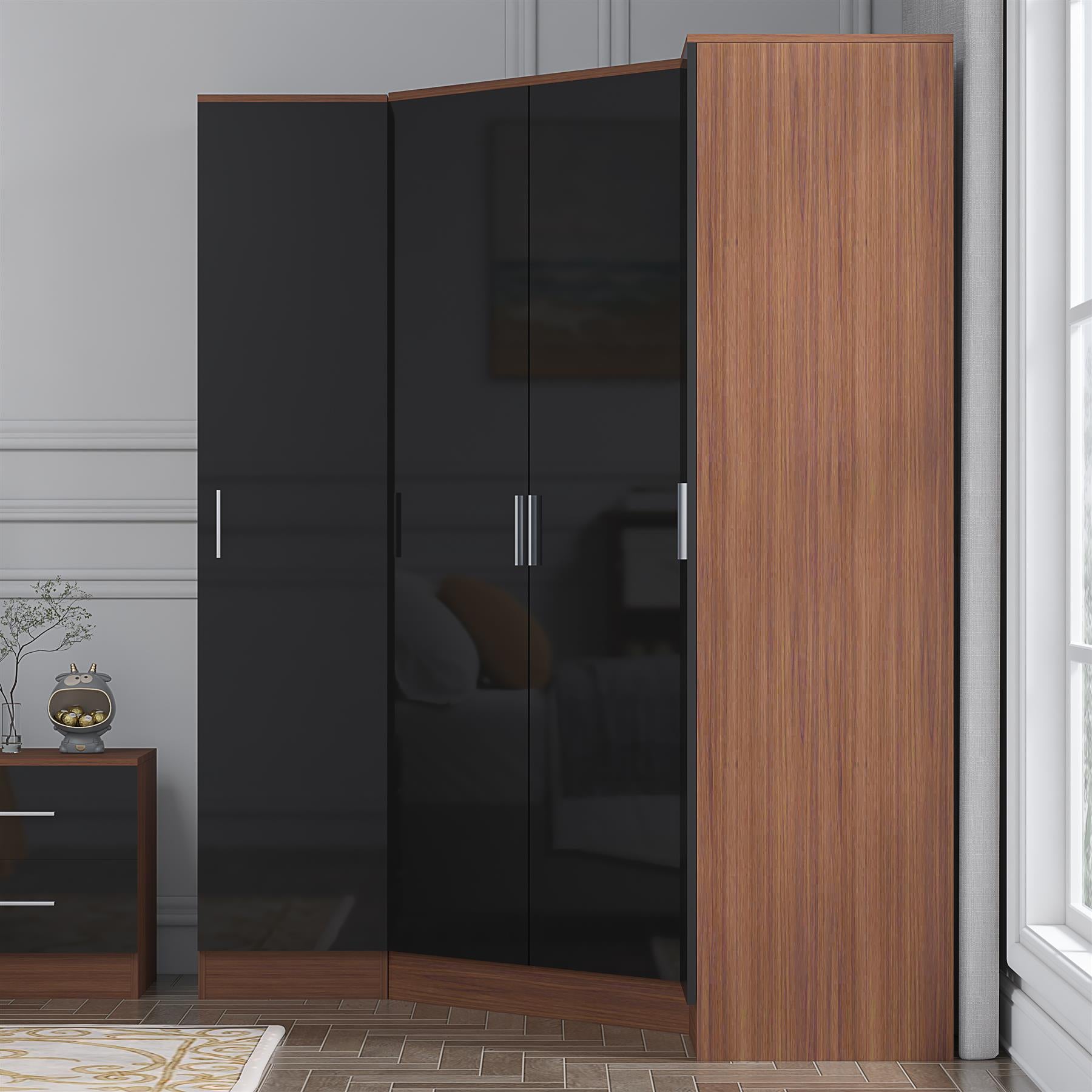 Reflect 3pc Wardrobe Bundle - 2 Door Corner + 2x 1 Door Plain - Black Gloss & Walnut - H: 180cm x W: 179cm x D: 103cm