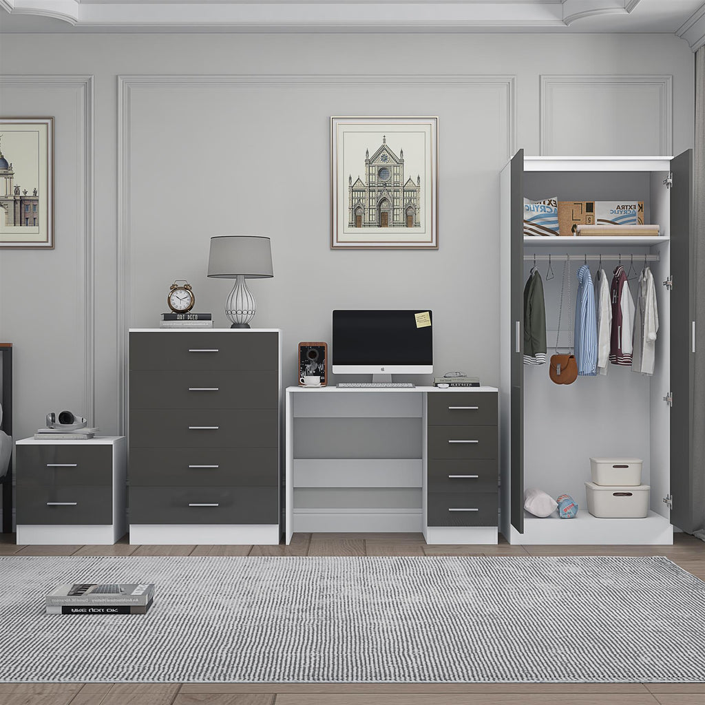 Reflect 2 Door Mirror Wardrobe, 5 Drawer Chest, 2 Drawer Bedside & Desk - Grey Gloss & Matt White - Modern Bedroom Furniture Set