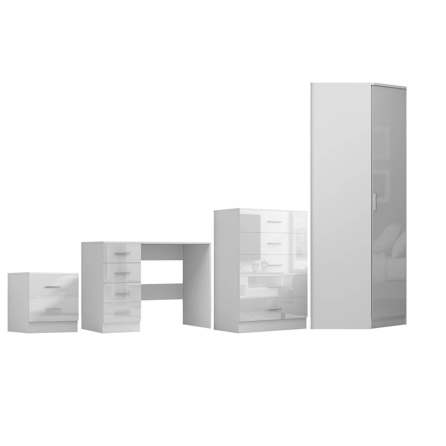 REFLECT - 1 Door Corner + 5 Drawer Chest + 2 Drawer Bedside + 4 Drawer Desk in Gloss White / Matt White