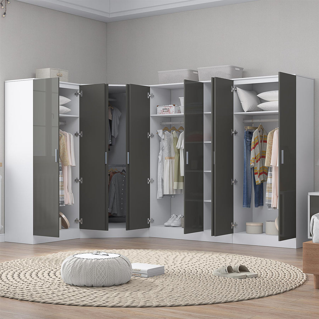 Reflect 4pc Wardrobe Bundle - 2 Door Corner + 3 Door Plain + 2x 2 Door Plain - Grey Gloss & Matt White