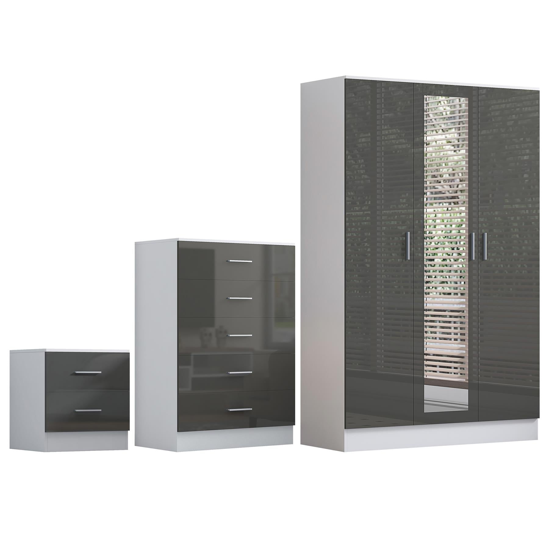 REFLECT Gloss 3pc Set - 3 Door Mirrored Wardrobe + 5 Draw Chest + Bedside