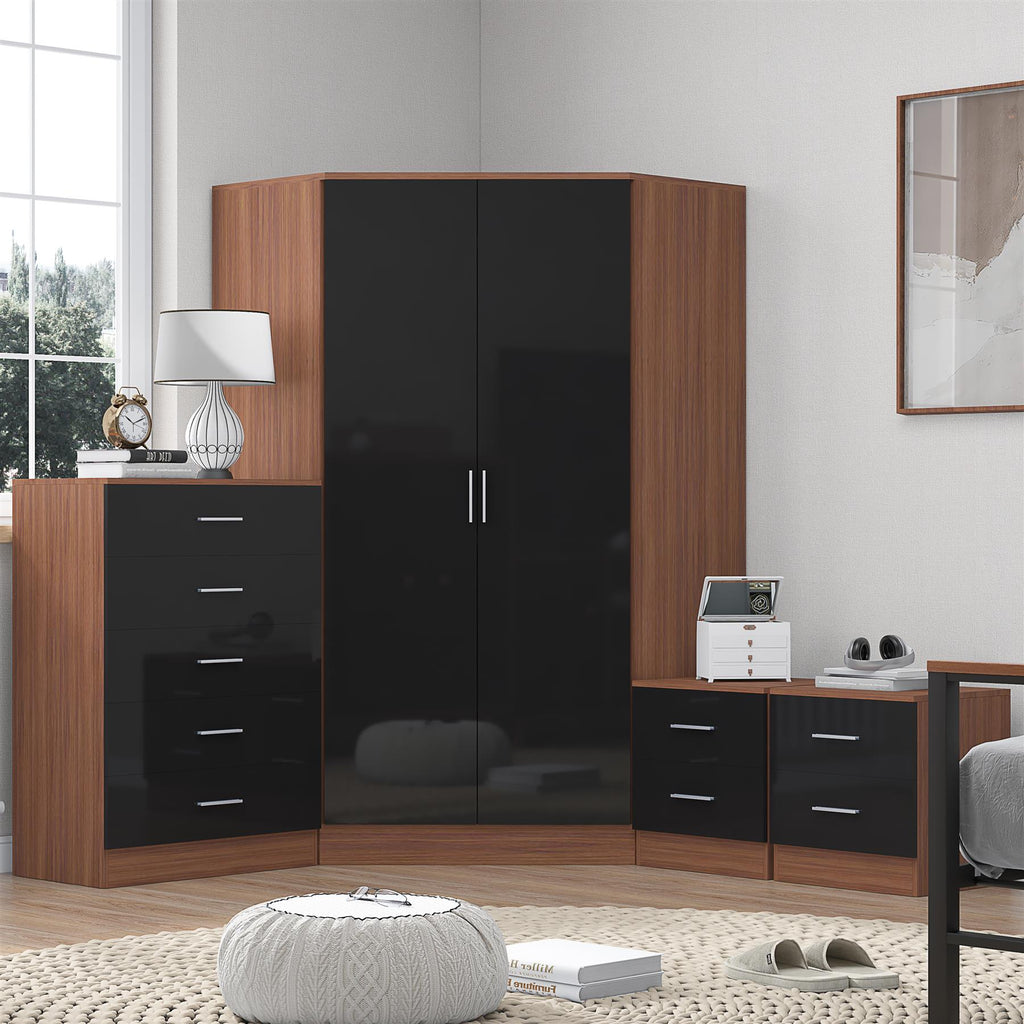 Reflect 2 Door Corner Wardrobe, 5 Drawer Chest, 2x 2 Drawer Bedsides - Black Gloss & Walnut - Bedroom Furniture Set