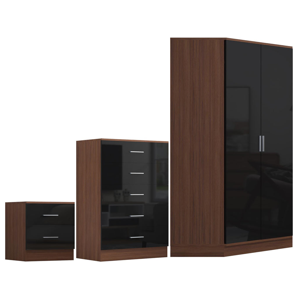 Reflect 2 Door Corner Wardrobe, 5 Drawer Chest, 2 Drawer Bedside - Black Gloss & Walnut - Bedroom Furniture Set