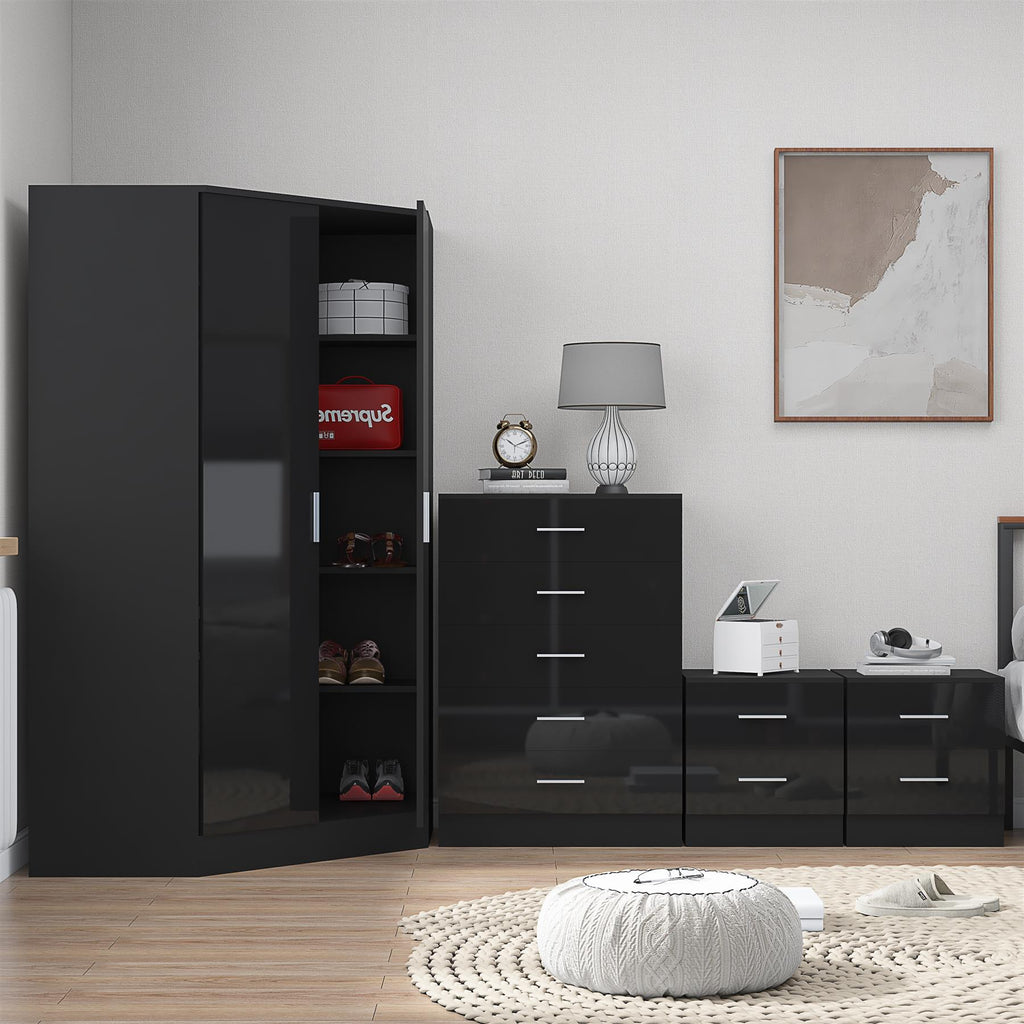 Reflect 2 Door Corner Wardrobe, 5 Drawer Chest, 2x 2 Drawer Bedsides - Black Gloss & Black Oak - Bedroom Furniture Set