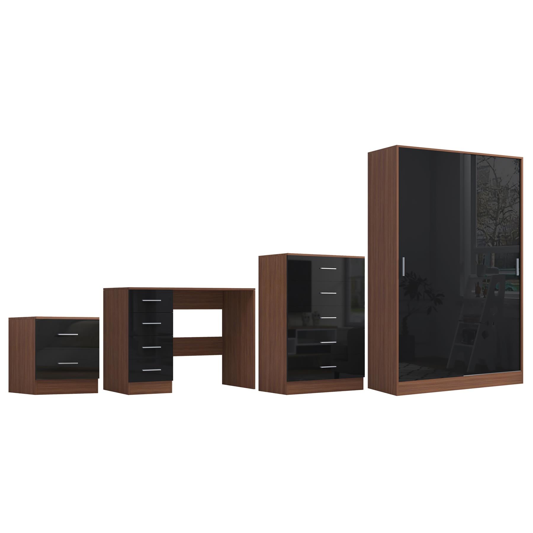 Reflect 2 Door Sliding Wardrobe, 5 Drawer Chest, 2 Drawer Bedside & Desk - Black Gloss & Walnut - Modern Bedroom Furniture Set