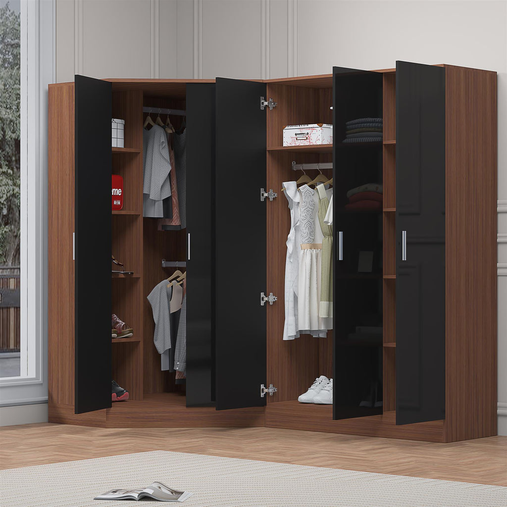 Reflect 2pc Wardrobe Bundle - 2 Door Corner + 3 Door Plain - Black Gloss & Walnut - H: 180cm x W: 179cm x D: 103cm