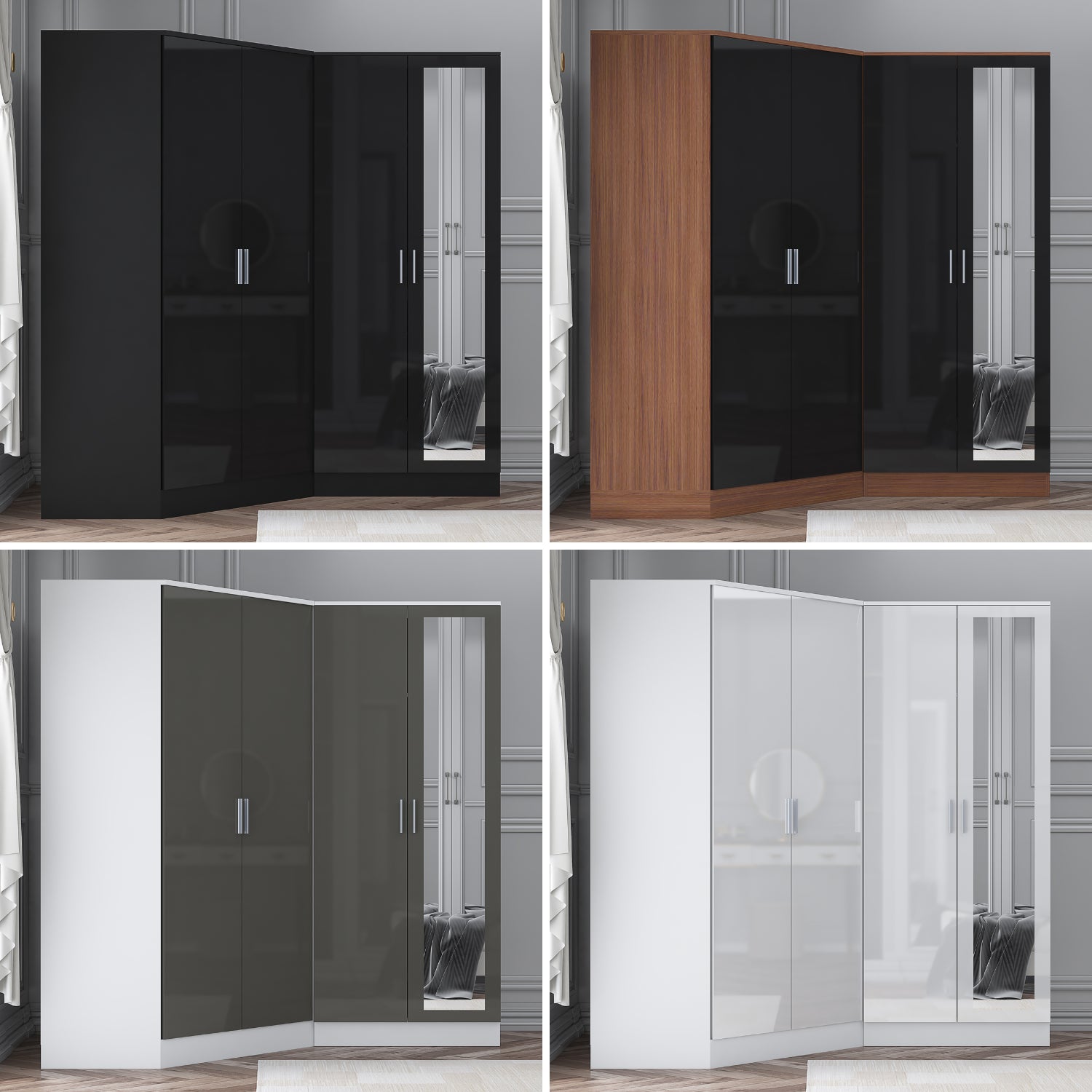 REFLECT Gloss 4 Door Wardrobe Bundle Inc 2 Door Corner + 2 Door Mirror Wardrobes