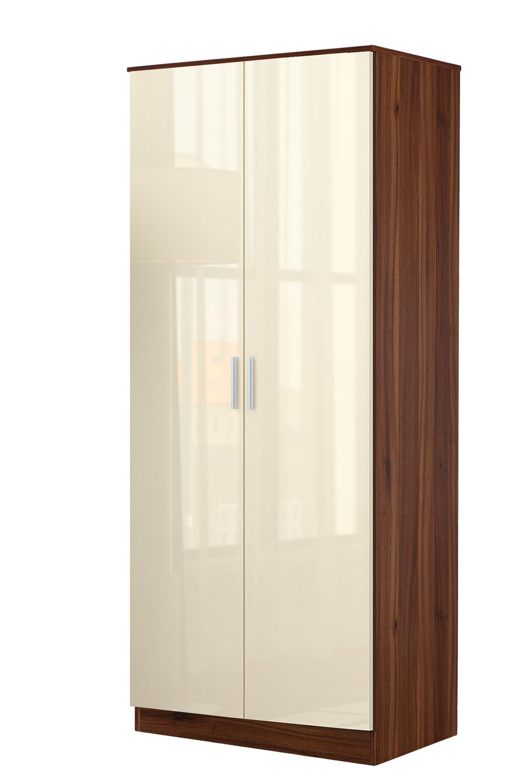 Reflect 2 Door Plain Wardrobe - Cream Gloss & Walnut - Hanging Rails & Shelves - H: 180cm x W: 76cm - Modern Sleek Design