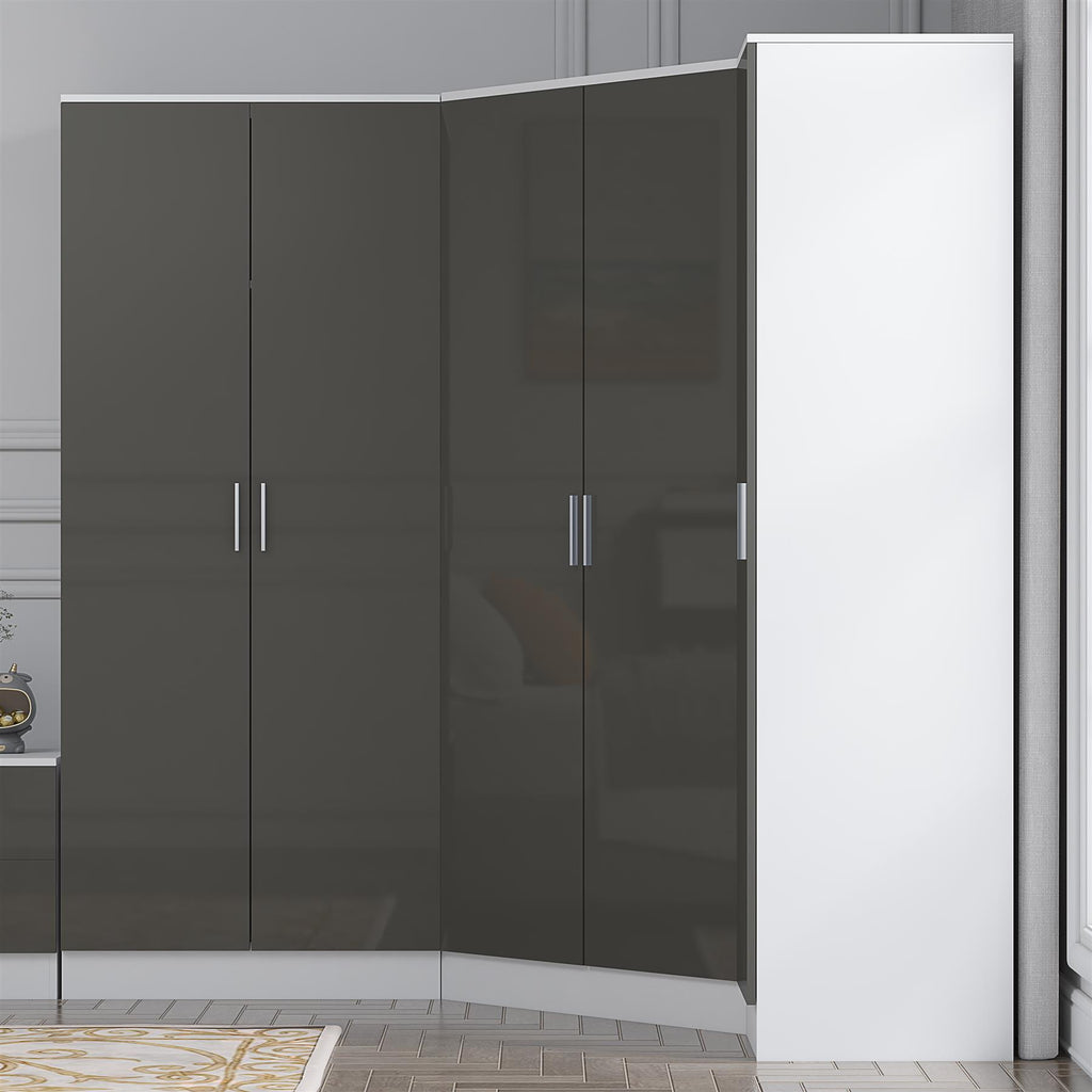 Reflect 3pc Wardrobe Bundle - 2 Door Corner + 2 Door Plain + 1 Door Plain - Grey Gloss & Matt White