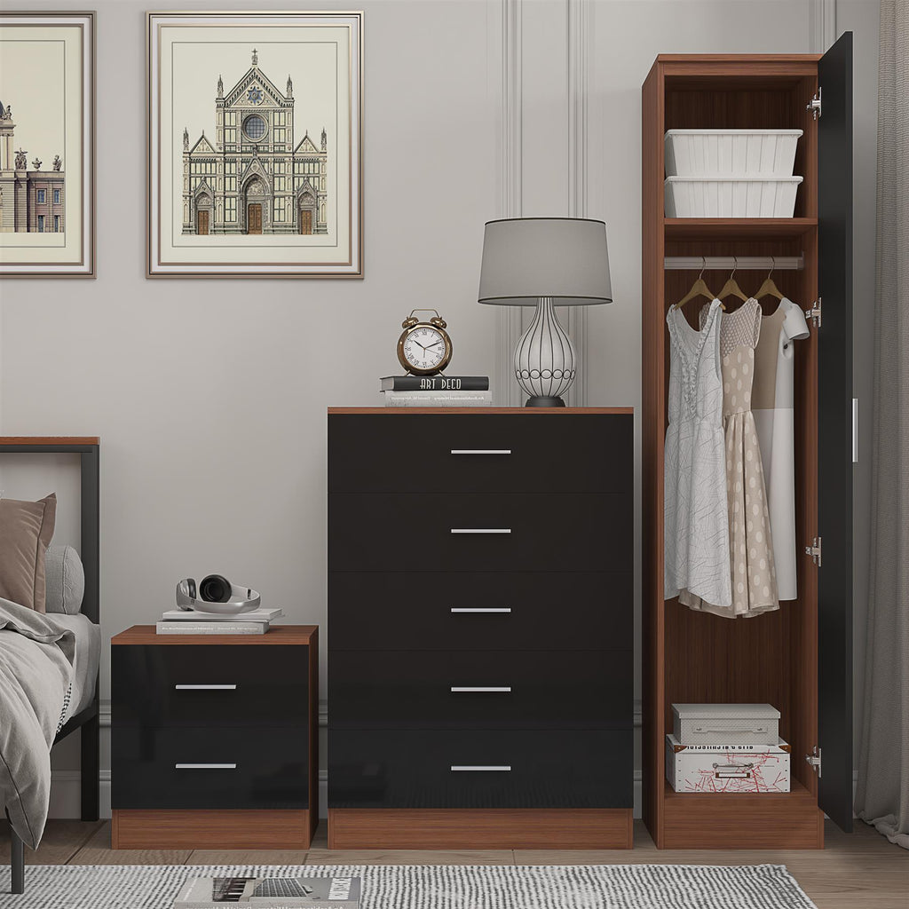 REFLECT Gloss 3pc Bedroom Set - 1 Door Wardrobe + 5 Draw Chest + Bedside