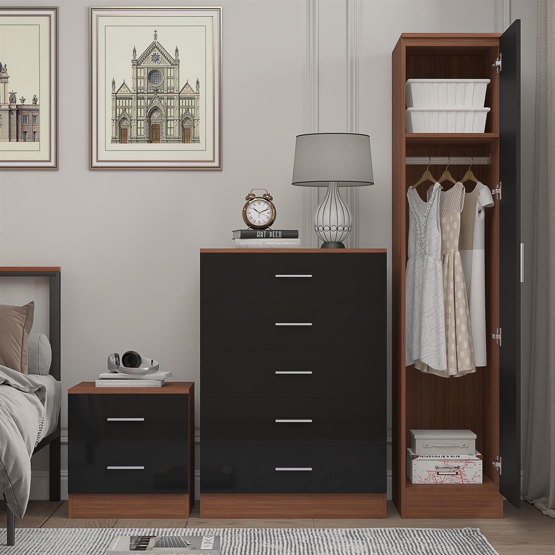 REFLECT Gloss 3pc Bedroom Set - 1 Door Wardrobe + 5 Draw Chest + Bedside