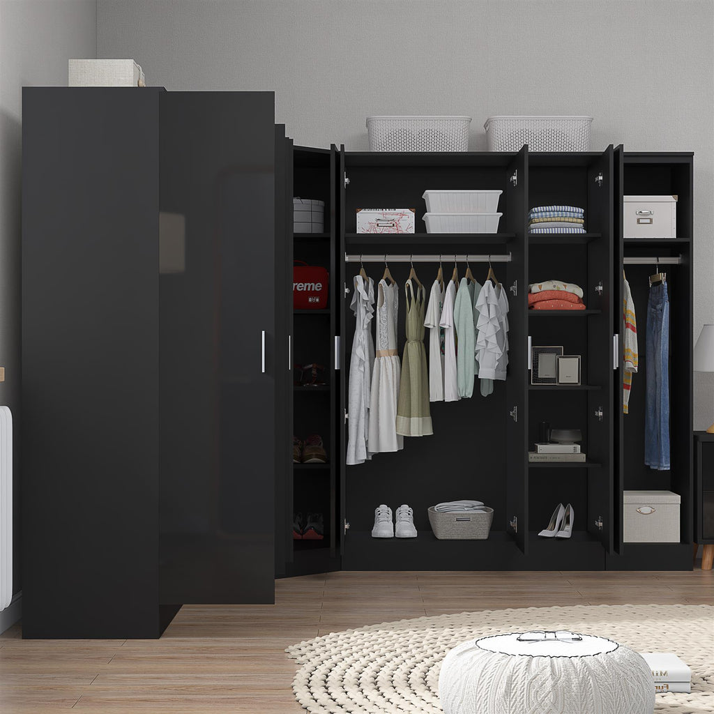 Reflect 4pc Wardrobe Bundle - 2 Door Corner + 2x 3 Door Plain + 1 Door Plain - Black Gloss & Black Oak