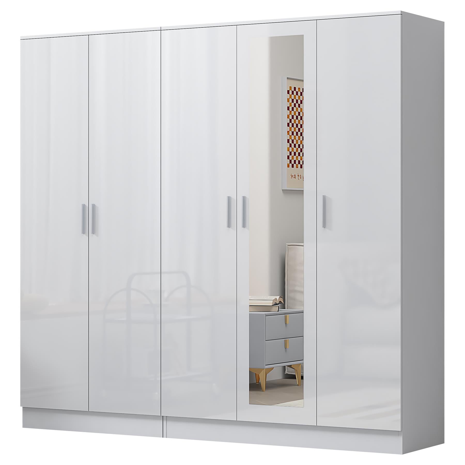 REFLECT - 3 Door MIRROR + 2 Door PLAIN Wardrobe - Gloss White / Matt White
