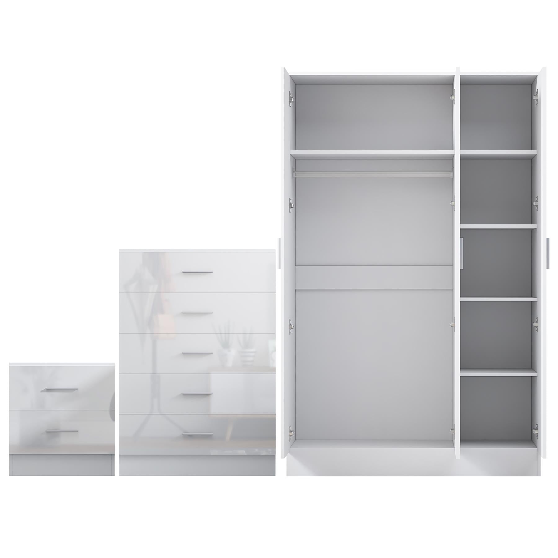 REFLECT Gloss 3pc Set - 3 Door Mirrored Wardrobe + 5 Draw Chest + Bedside