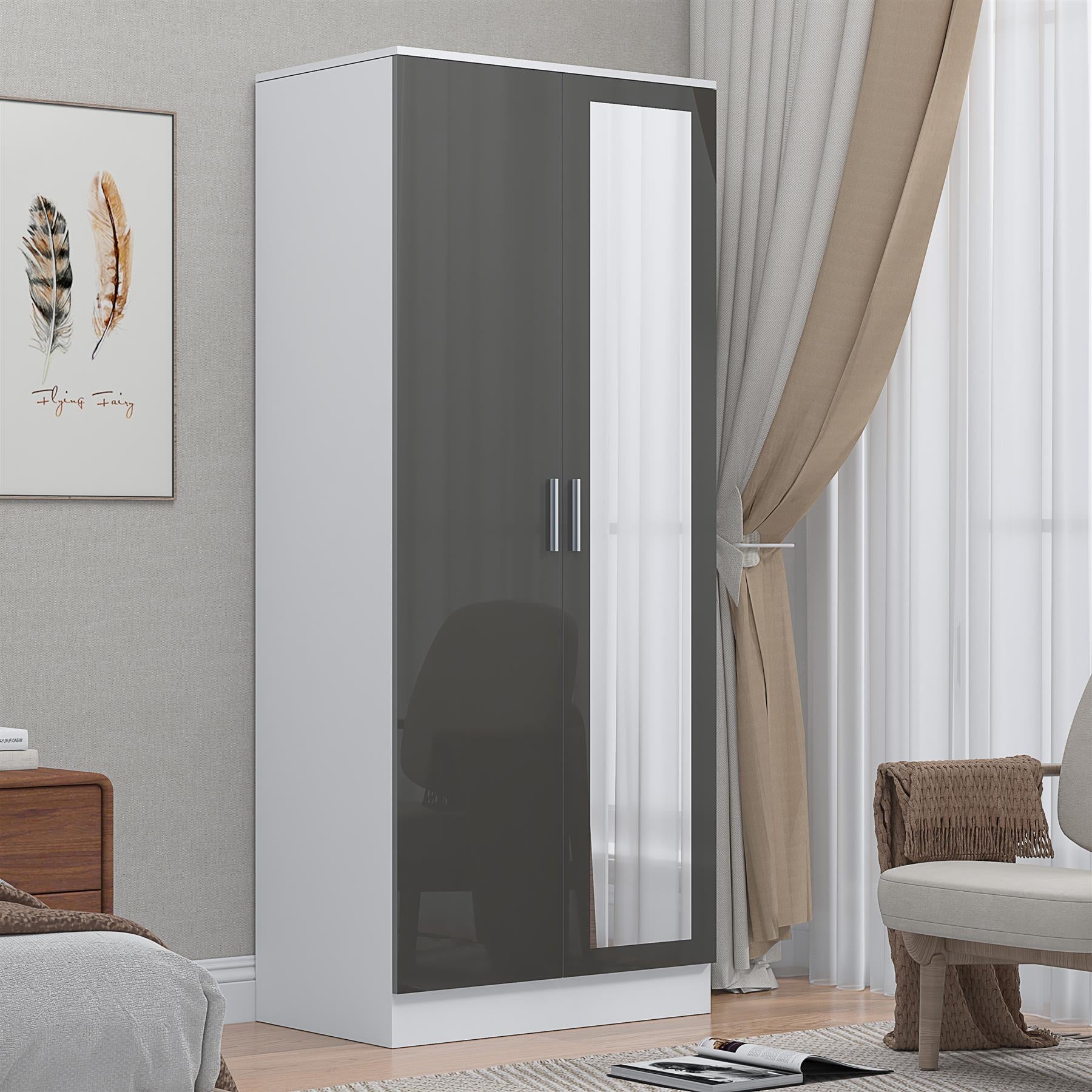 REFLECT Gloss Bedroom Furniture 2 Door Mirrored Wardrobe - 4 Colour Options