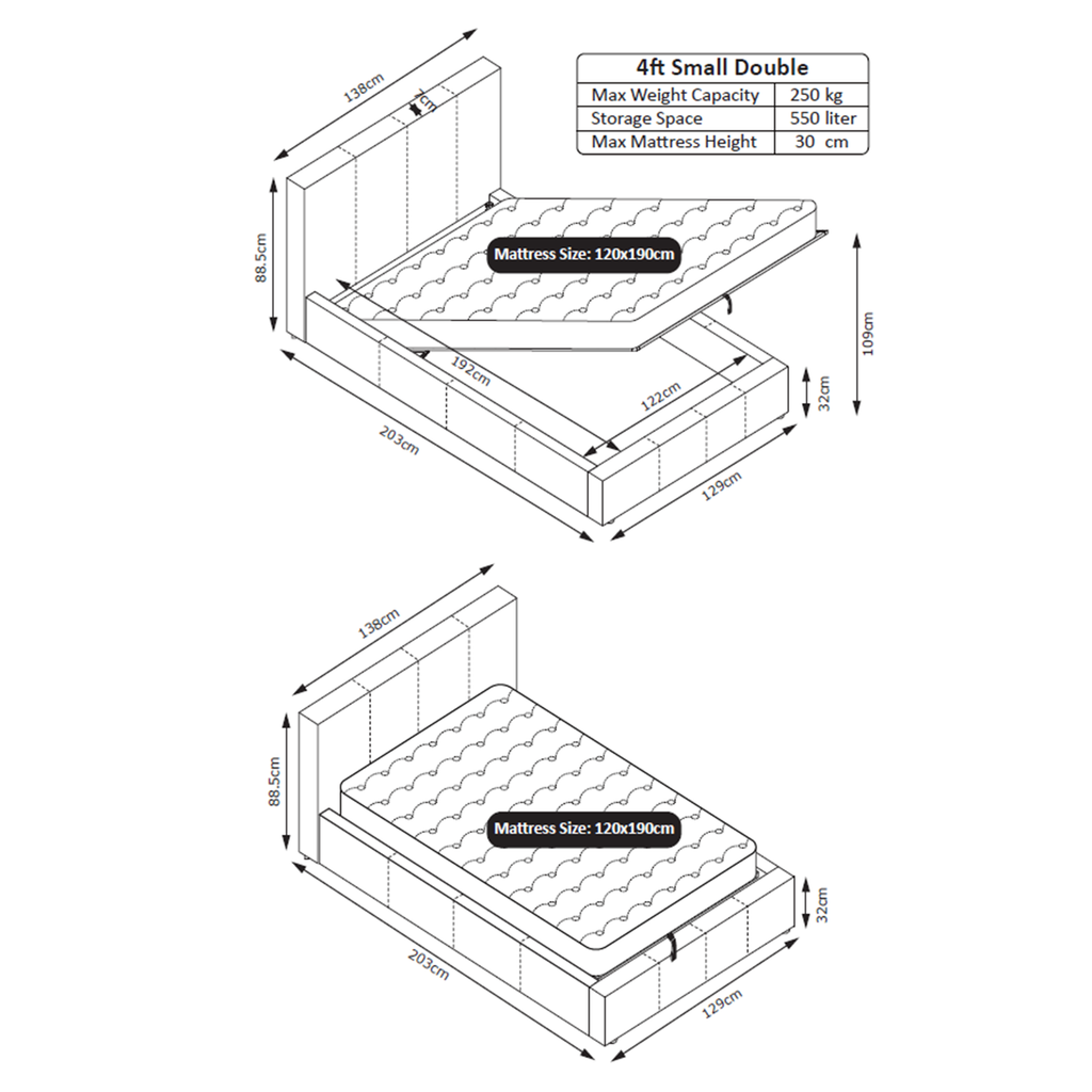 LUNA SIESTA 4FT Small Double Faux Leather Ottoman Storage Bed - 4 Colours
