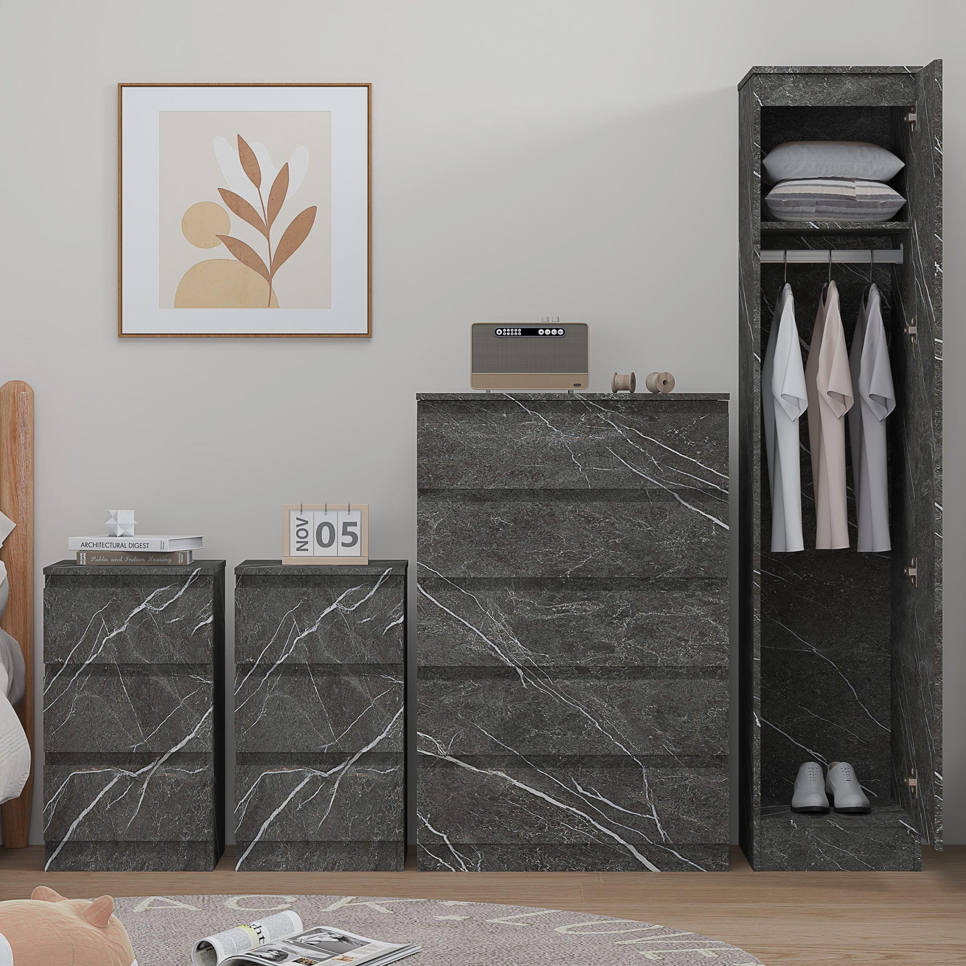 4pc grey marble wardrobe set 1 door 5 draw 2 bedsides