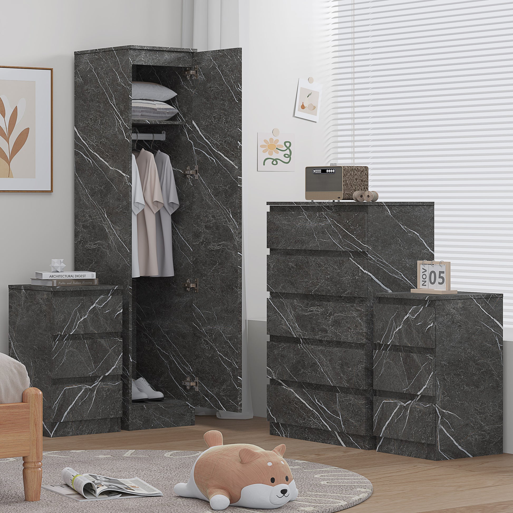4pc grey marble wardrobe set 1 door 5 draw 2 bedsides