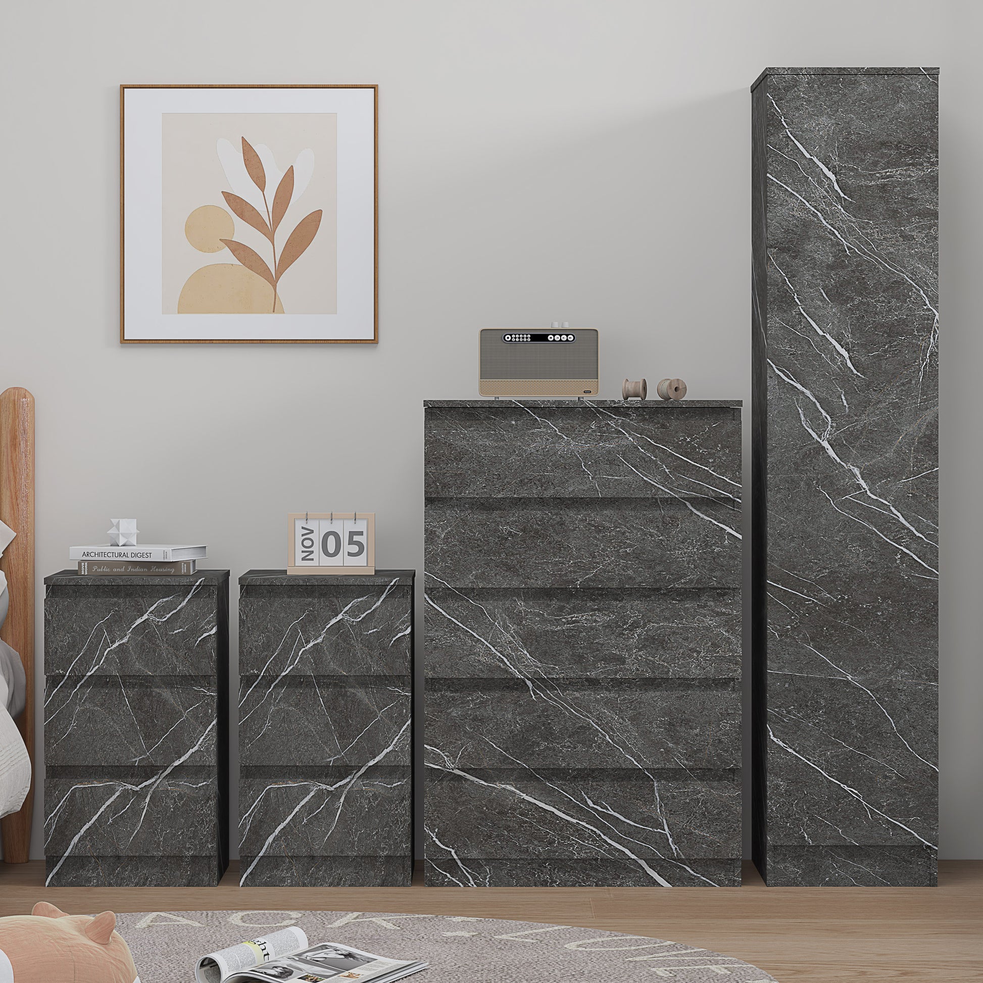 4pc grey marble wardrobe set 1 door 5 draw 2 bedsides