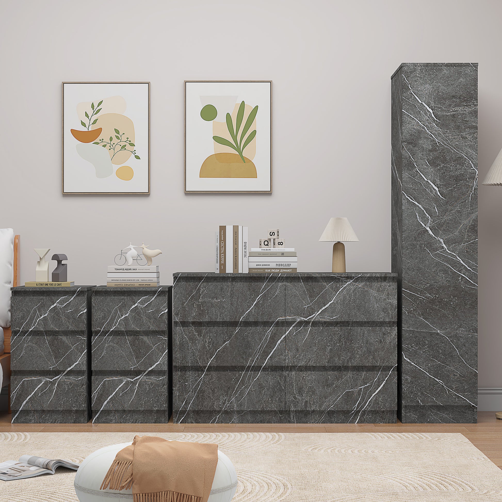 4pc grey marble wardrobe set 1 door 6 draw 2 bedsides